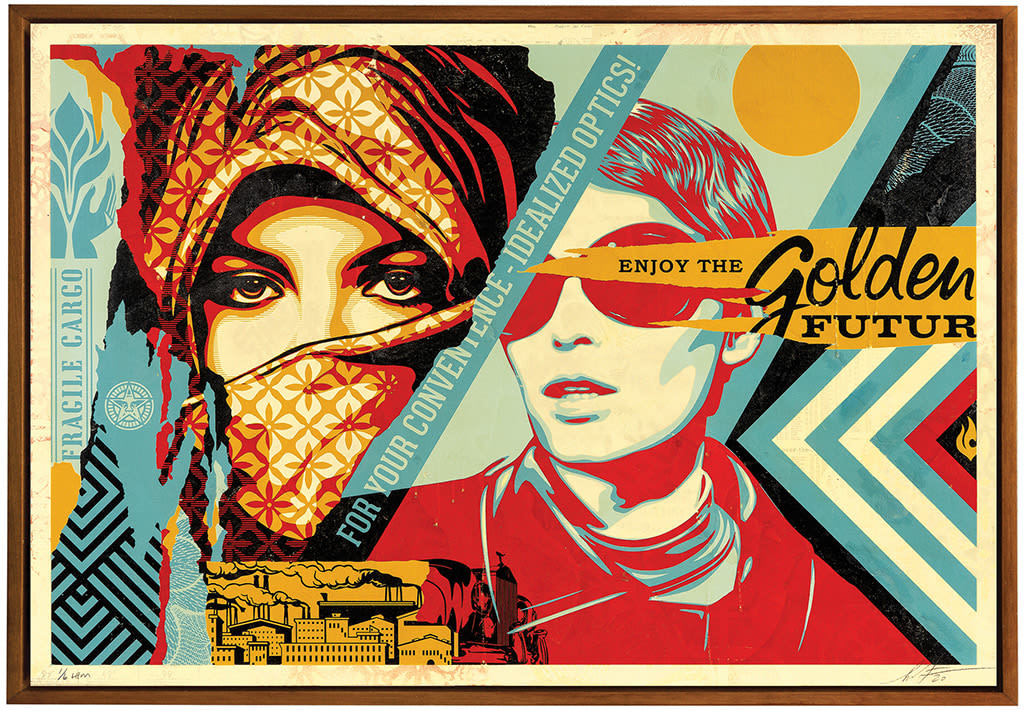 image of two women, one with her face mostly covered, the other wearing sunglassed with a collaged red, blue, and yellow background the the words