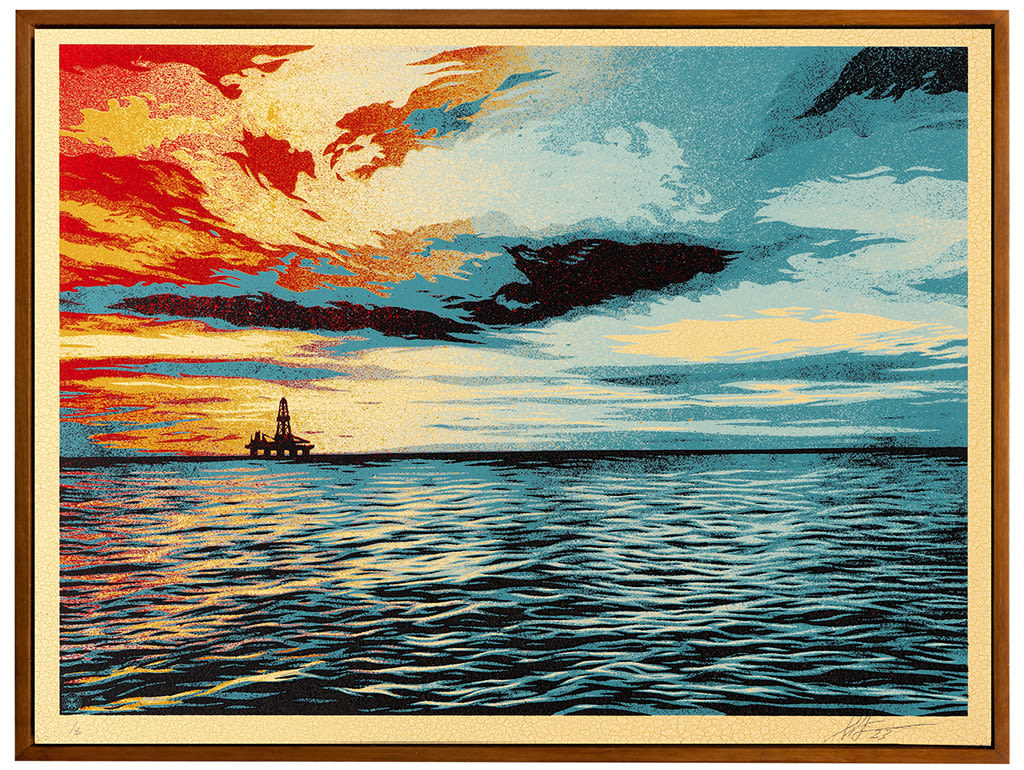 ocean scene with still water in a blue, red, and yellow palette