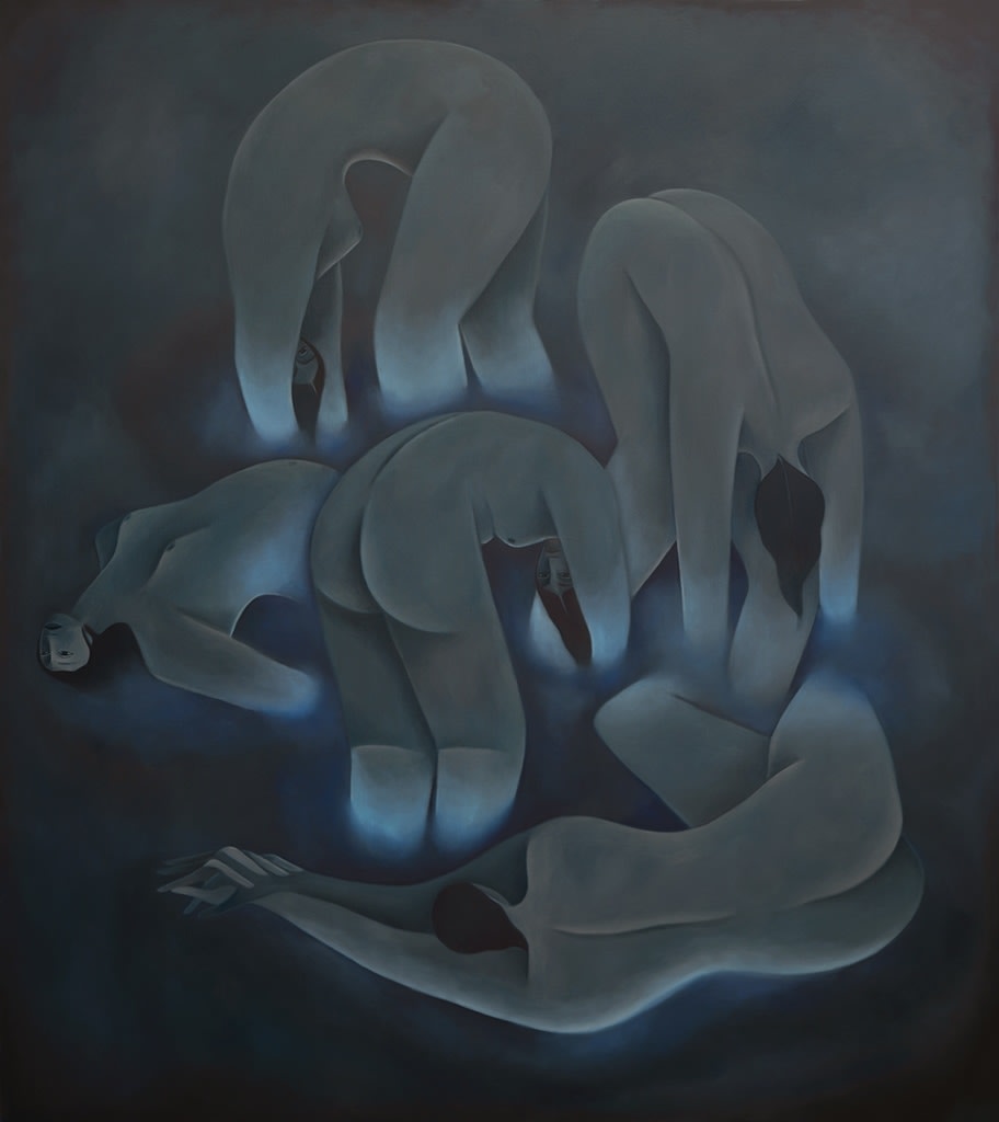 Painting by Laura Berger of five naked figures on a dark navy background bending over each other with beaming light coming from their limbs.