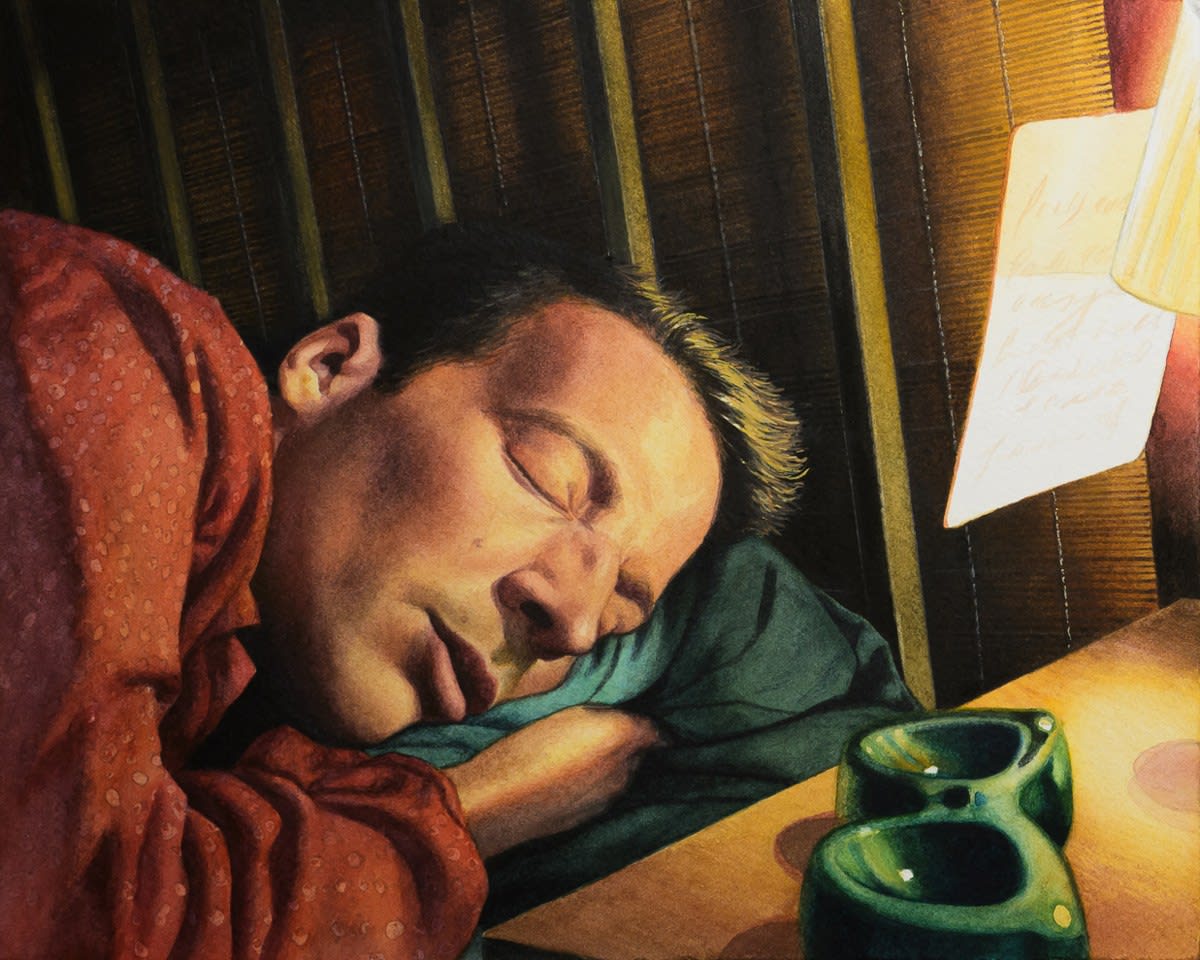 painting of a man sleeping in bed