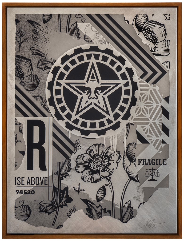 grey scale print with a star in the muddle of a circle with flowers, a scale, text, and geometric patterns around it