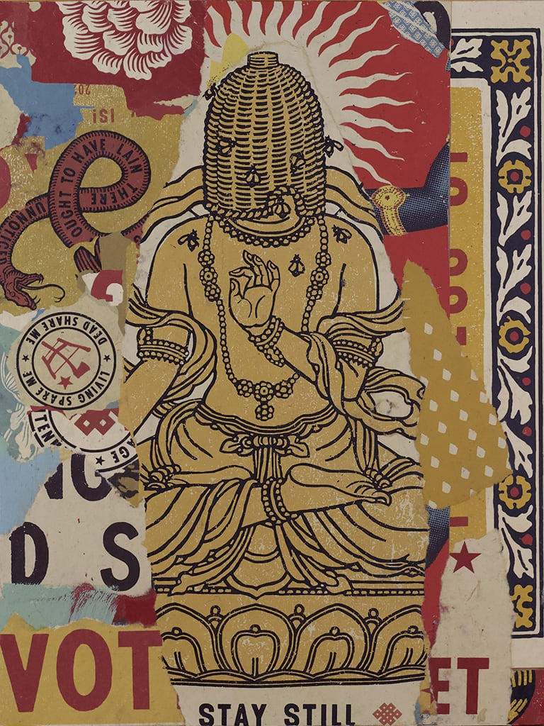 collage of torn up screen prints of religious and historical symbols