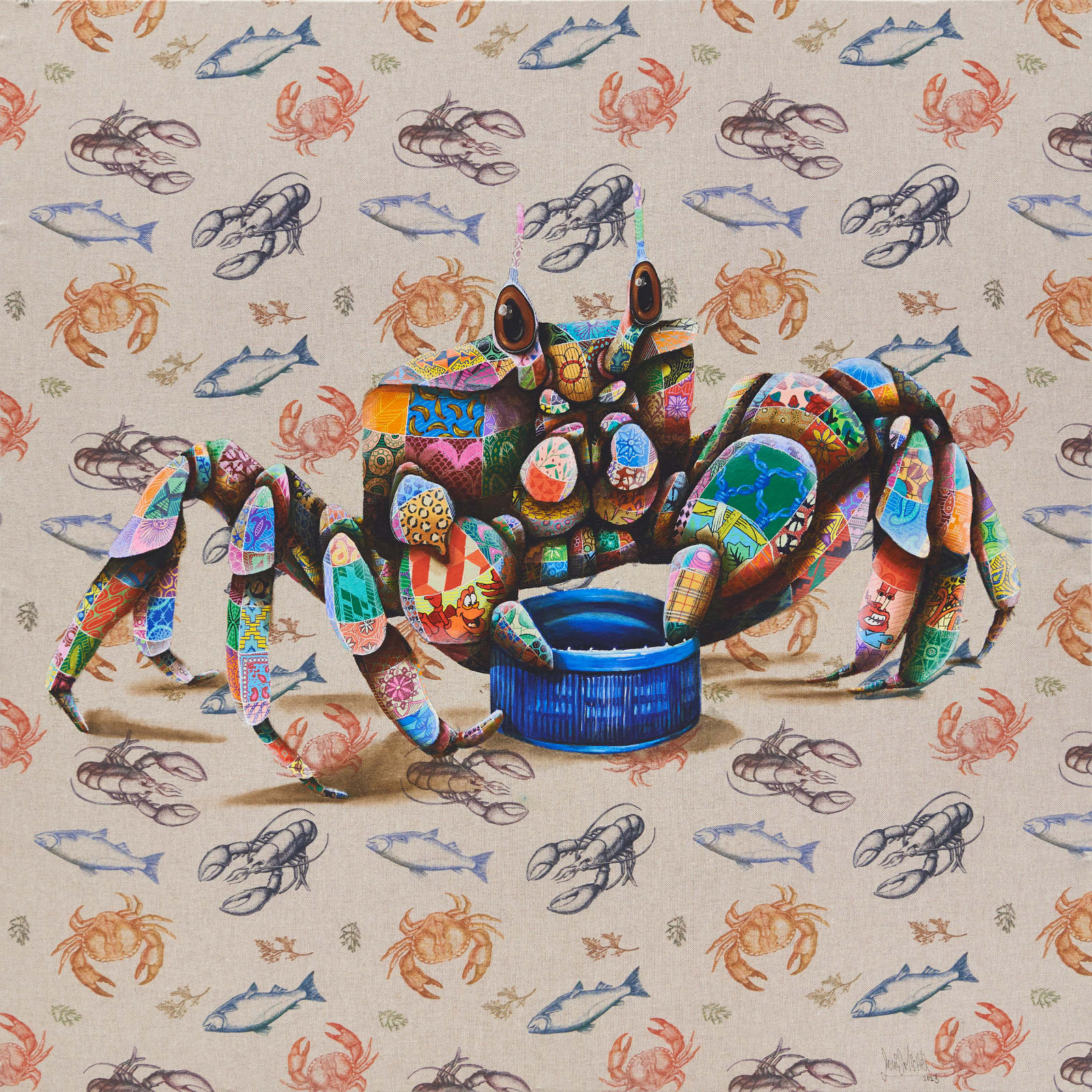 painting of a crab holding a bottle cap by Louis