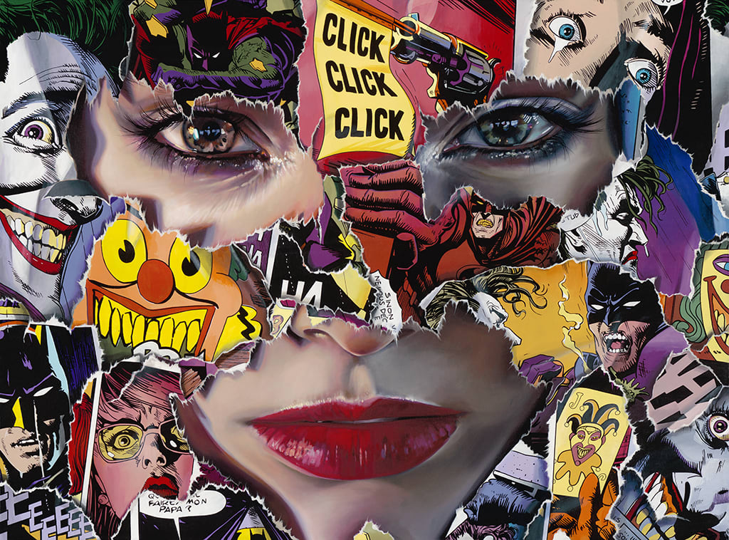 Sandra Chevrier painting of a woman's face with torn comic book pages obscuring parts