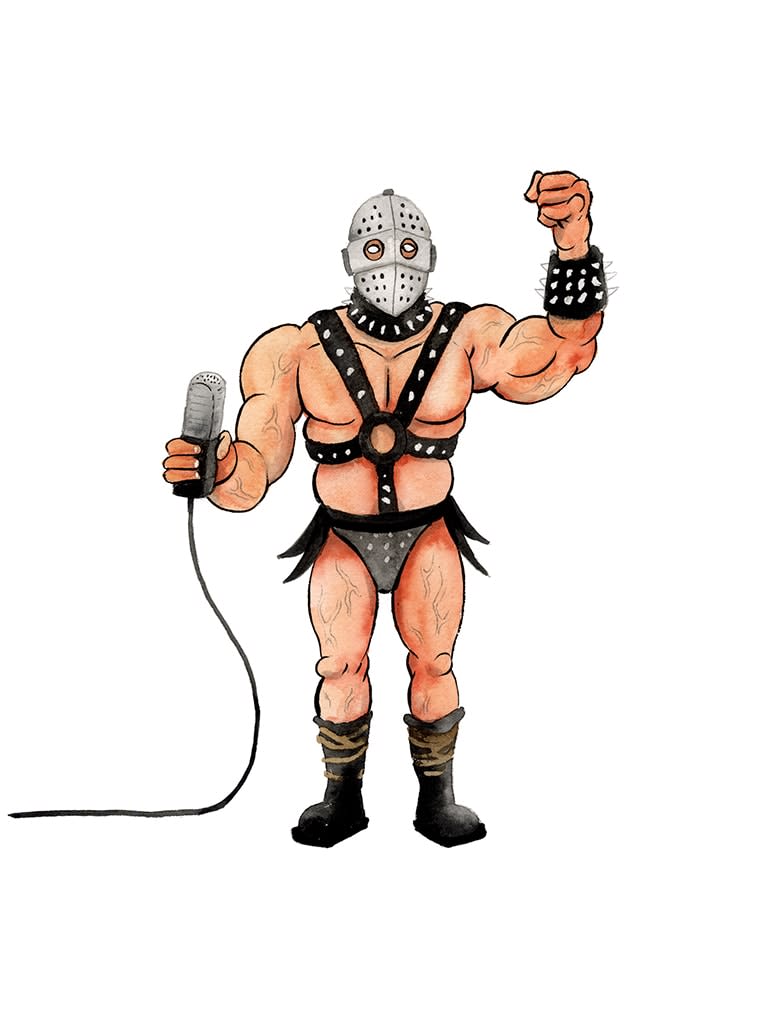 Painting by Alex Pardee of a buff man dressed in leather straps and a face mask, holding a microphone