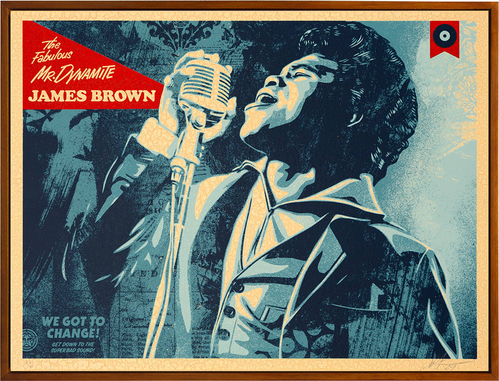 blue scale image of James Brown singing with a red triangle saying