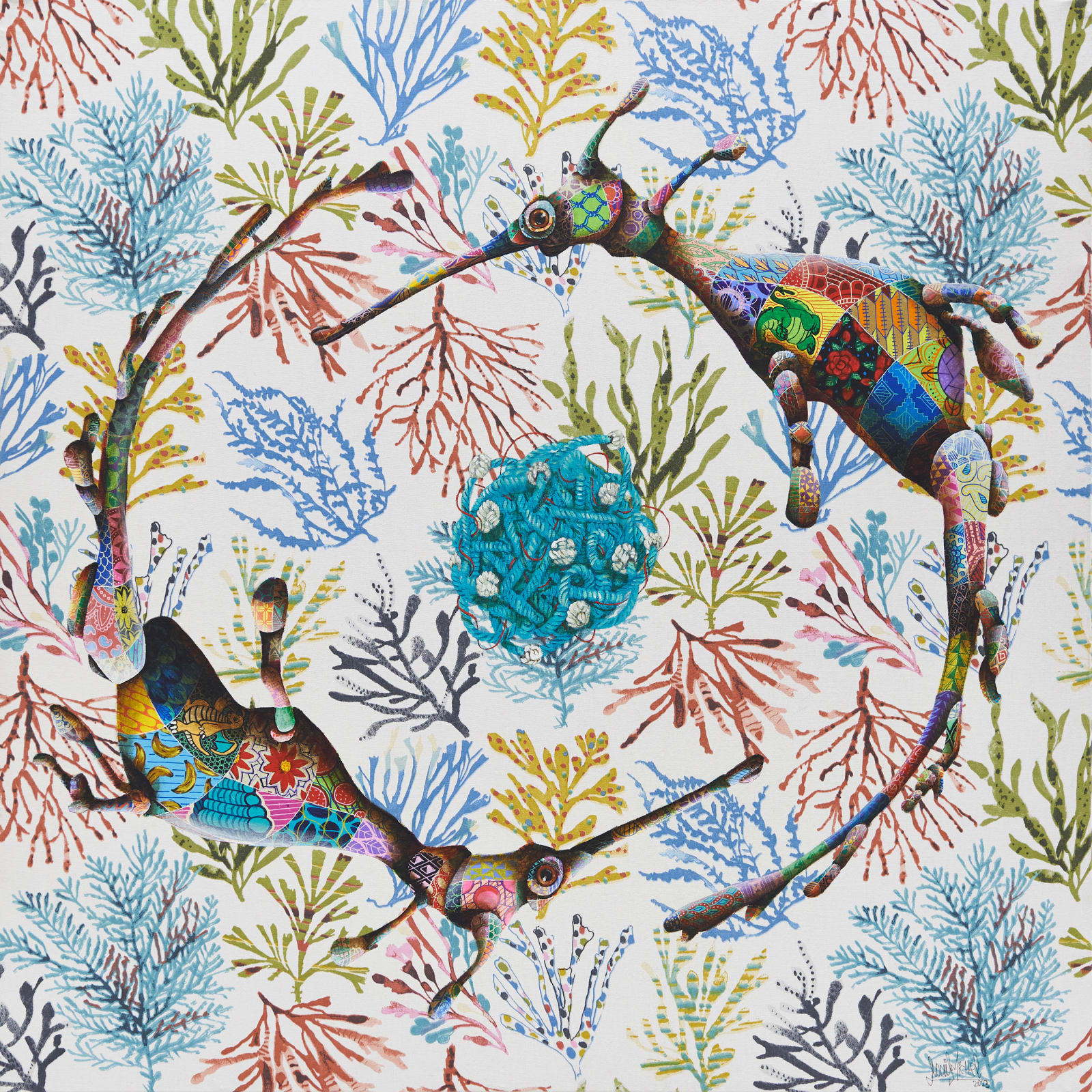 painting of sea dragons and a ghostnet by Louis