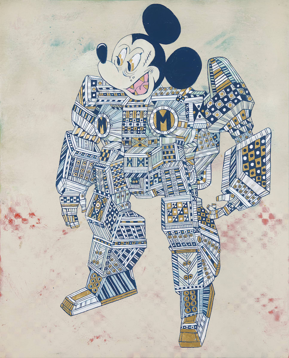 Ferris Plock painting of cartoon figure in multicolored and patterend costume against tan background