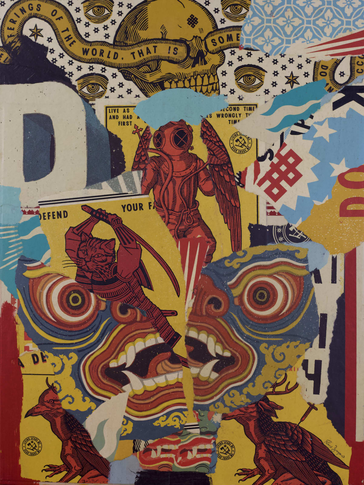 collage of torn up screen prints of religious and historical symbols