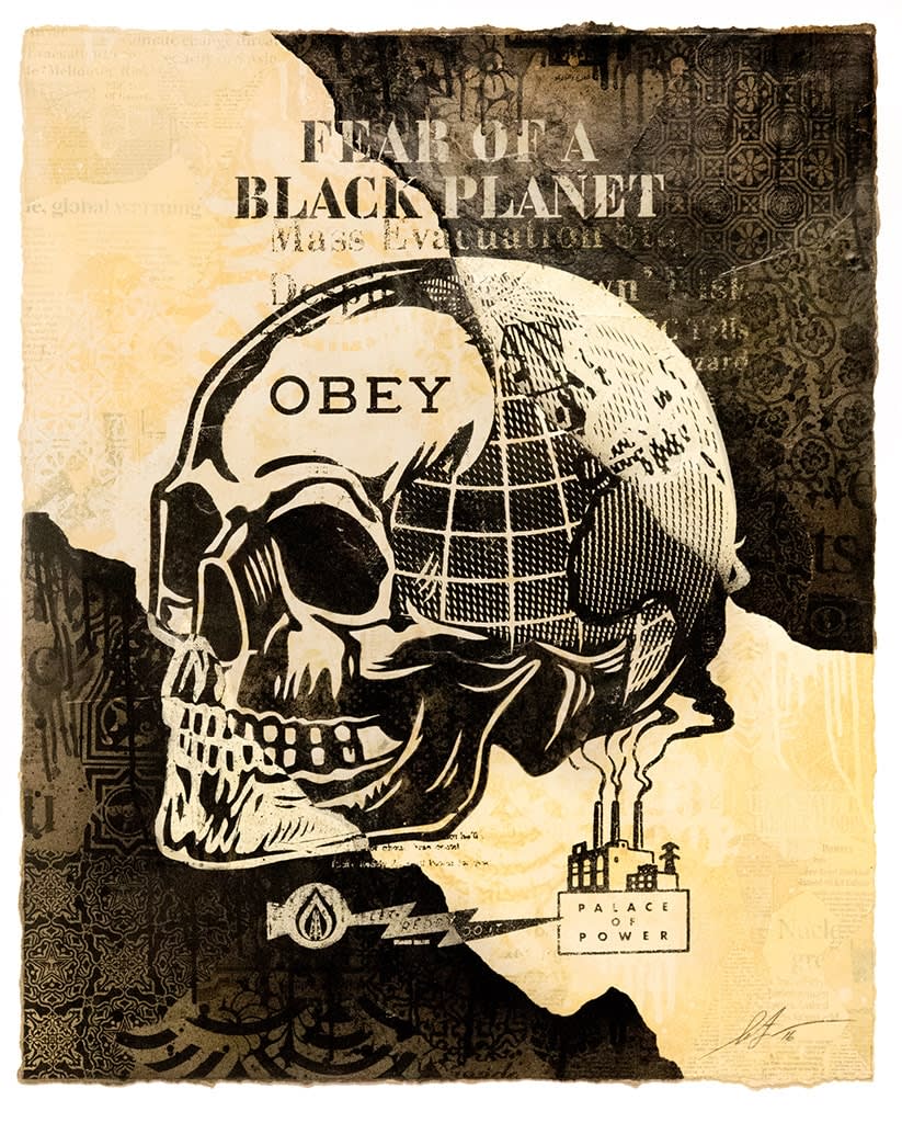image of a skull with a globe as the back of the hear on the textured bacl and beige background with the text