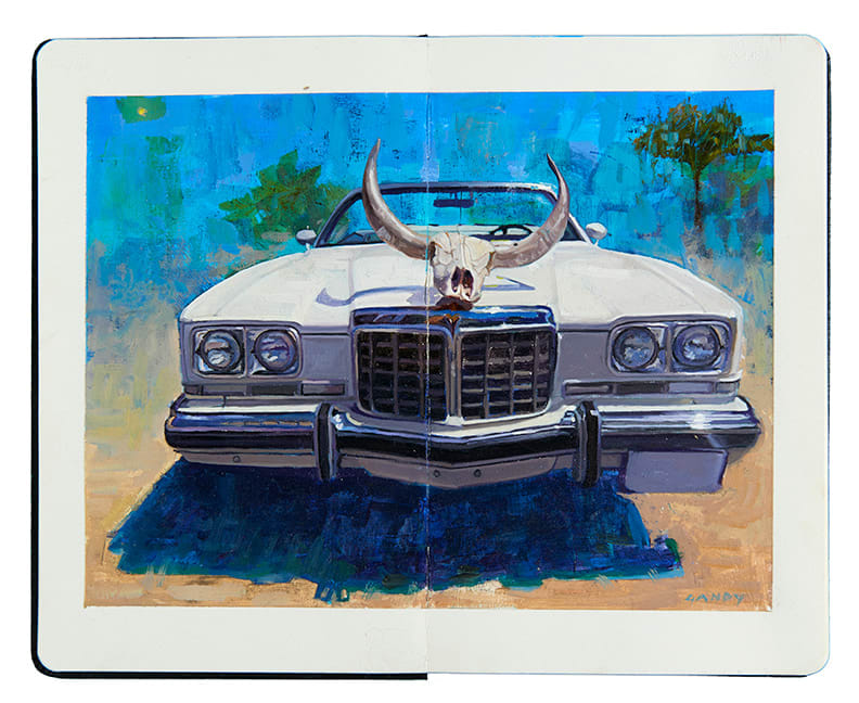 Painting of a white 1974 Pontiac Catalina with a bull head skeleton on the front of it with palm trees in the back