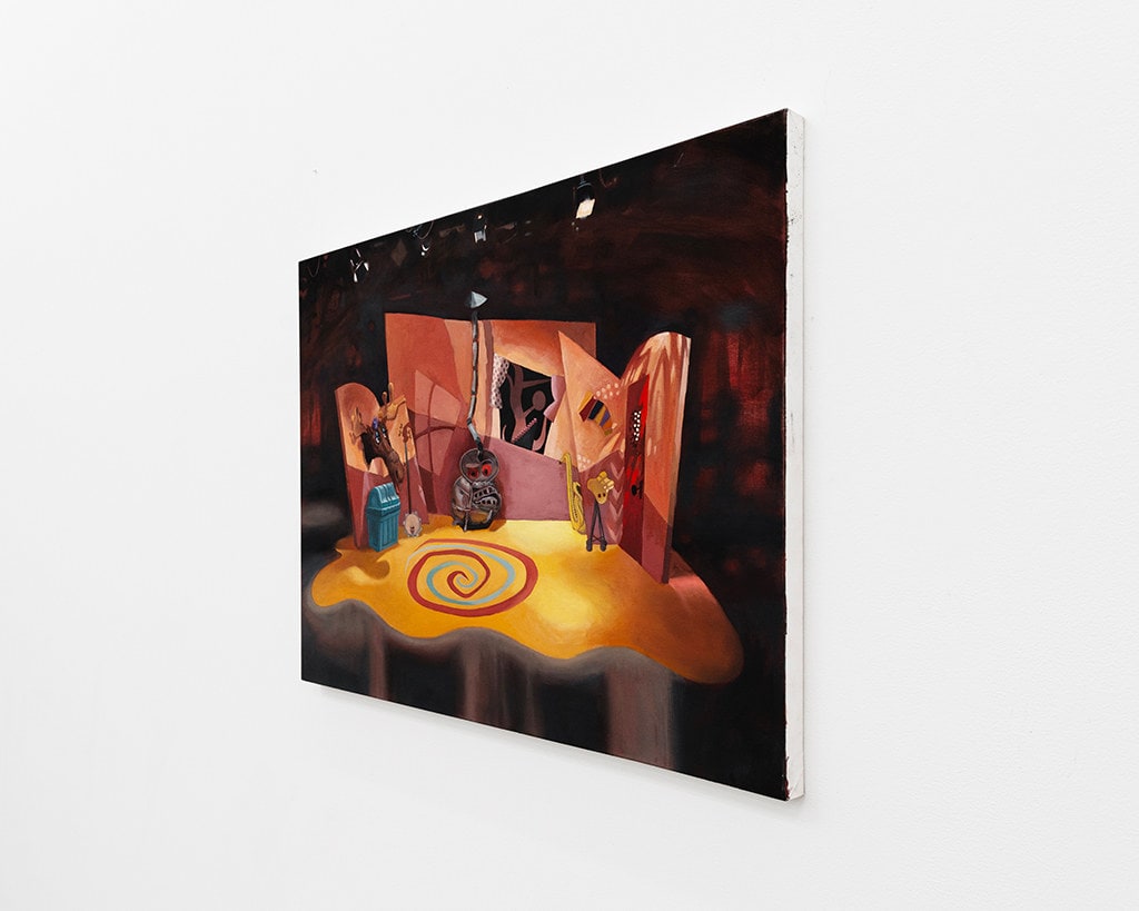 Painting of a set with a yellow flour and a red and blue swirl in the middle, there is a moose head hanging above a blue chest and a wood burning stove in the back