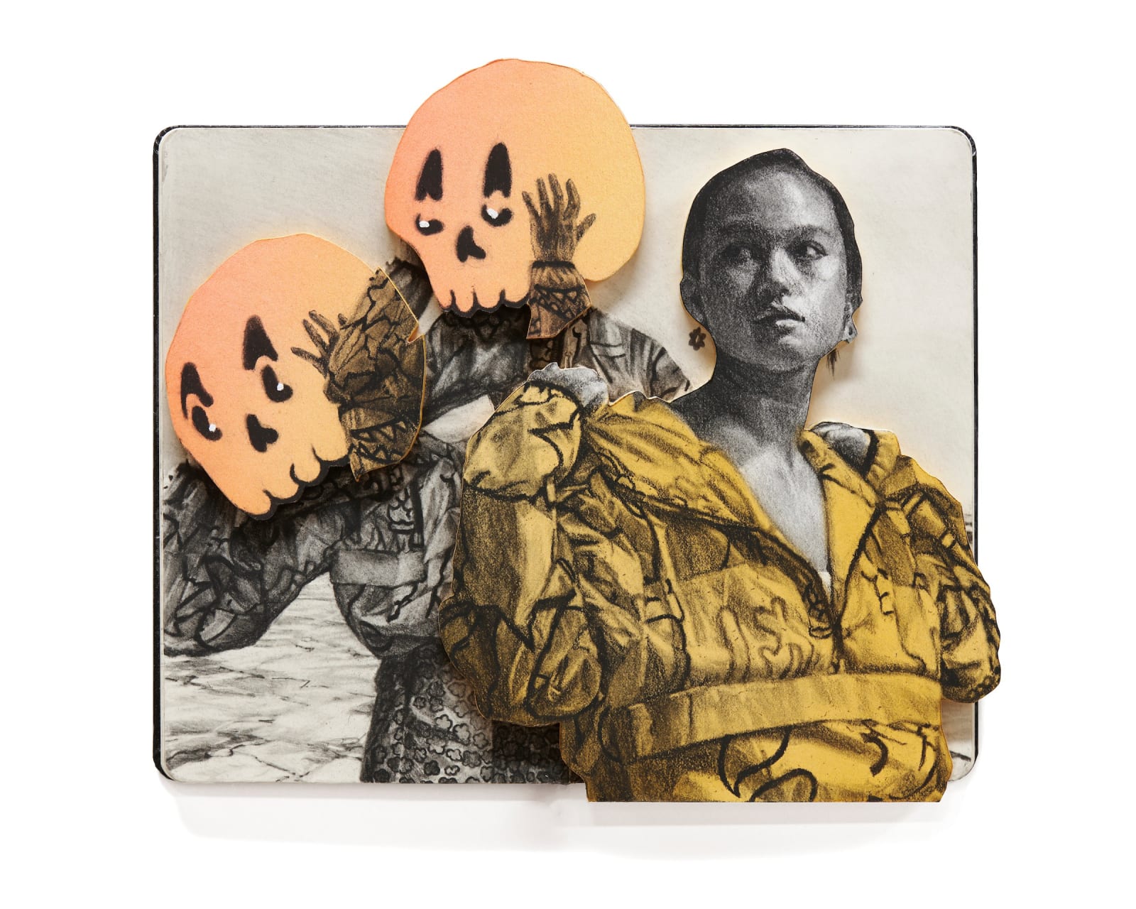 Drawing of a woman in a yellow hoodie with three figures behind her holding yellow skeleton heads over their own heads.