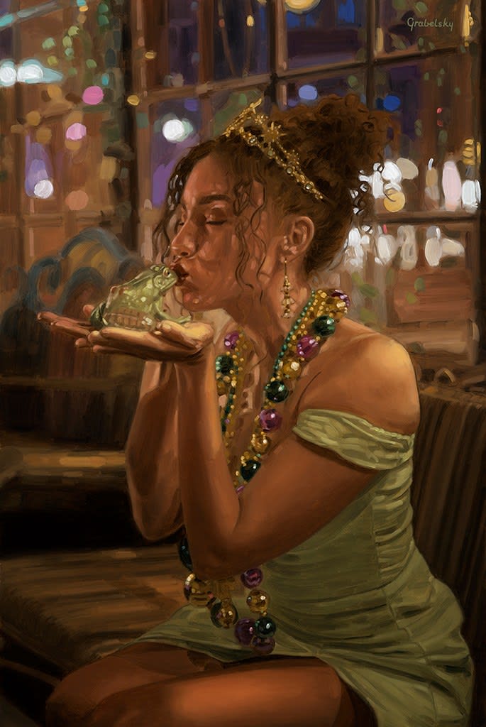 Painting of a seated woman in a green dress holding and kissing a frog