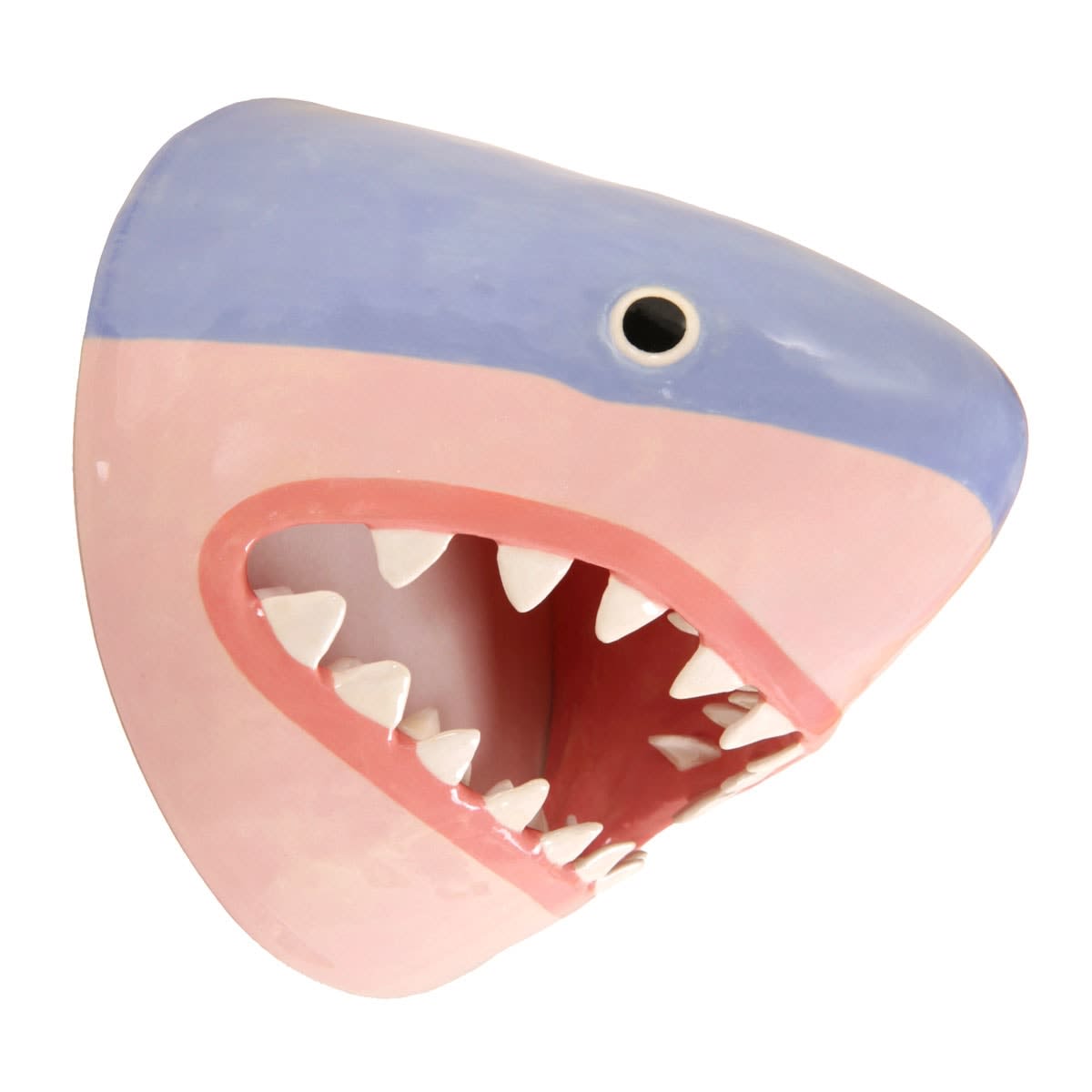 sculpture of a shark head with its teeth showing