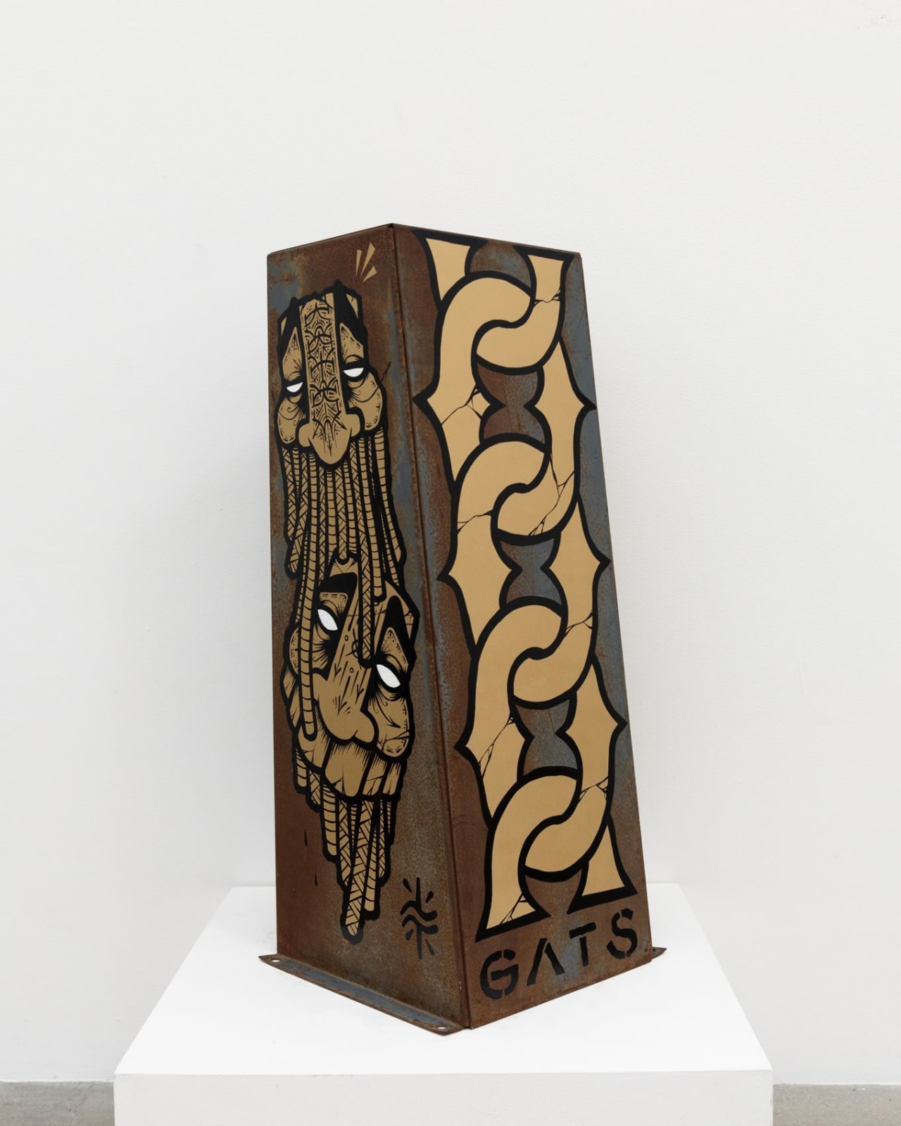 Metal shelf with GATS character painted on the sides and a metal chain painted on the back