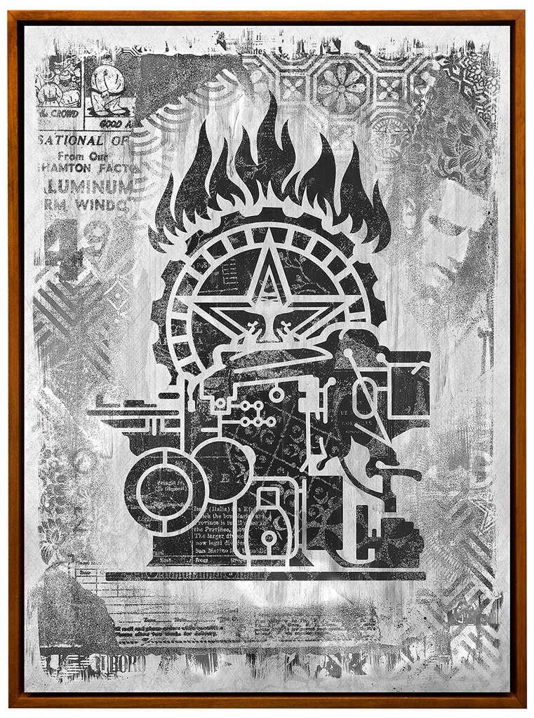 outlines of various symbols including a star, flames, and technology in grey scale with a textured collage background