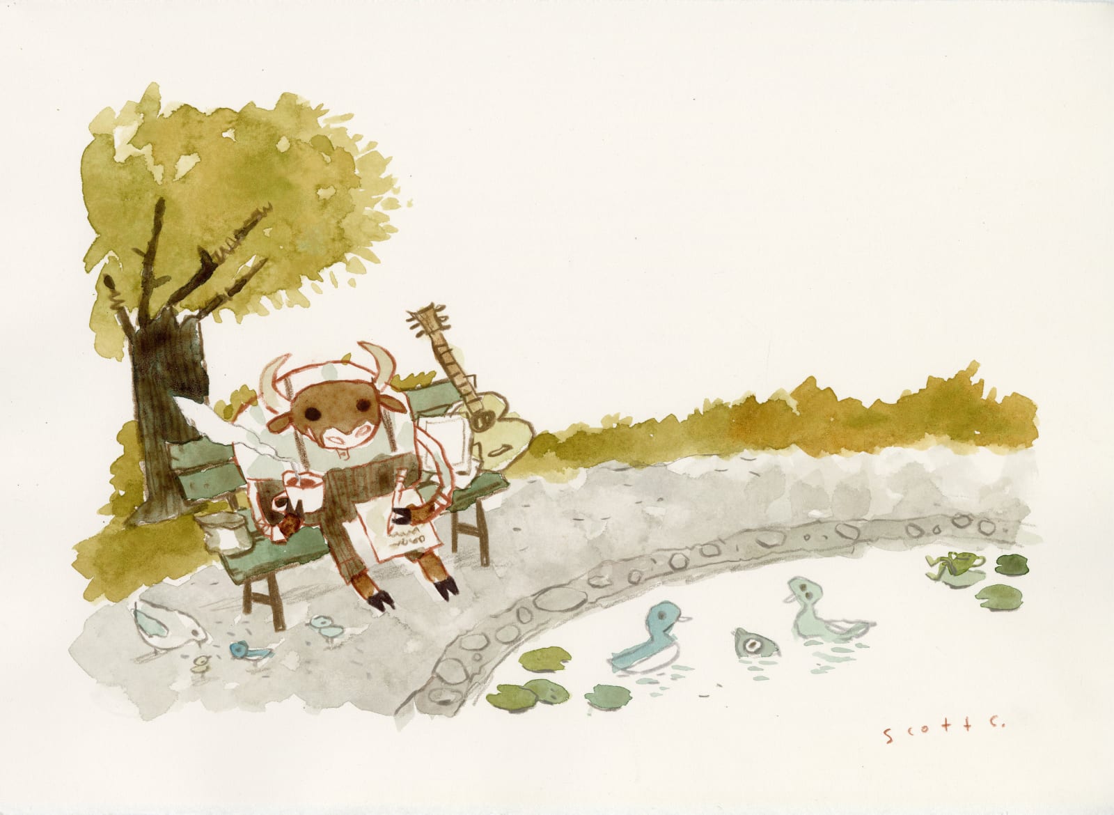 an ox writing on a piece of paper by a pond from the book