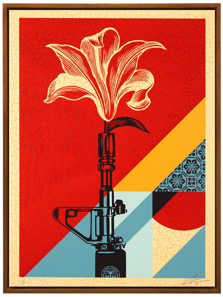 gun outline with a flower coming out of the end with an abstracted geometric background of red, yellow, and blue shapes