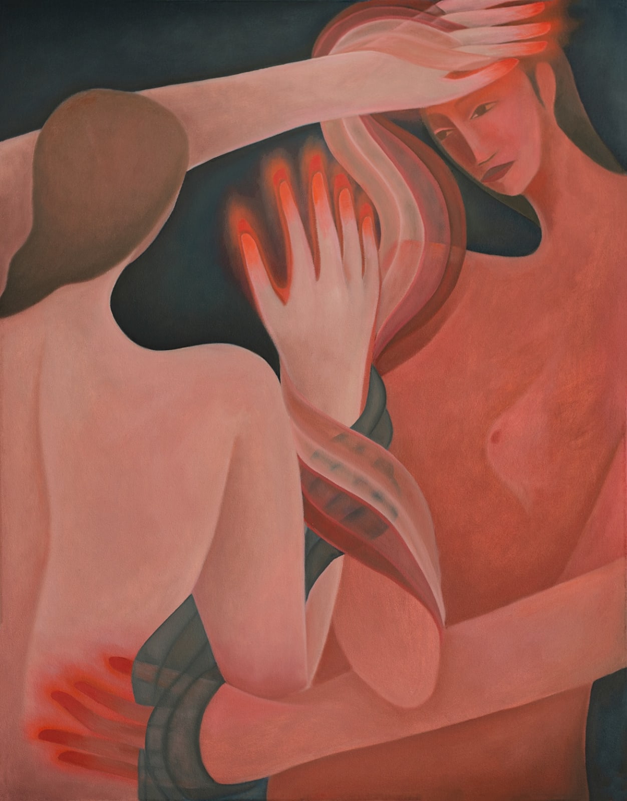 Painting by Laura Berger of two figures facing each other, one with their back facing the viewer. The figures hands are reached out in front of them towards each other. Their hands appear to be burning red with a glowing red around their fingertips.