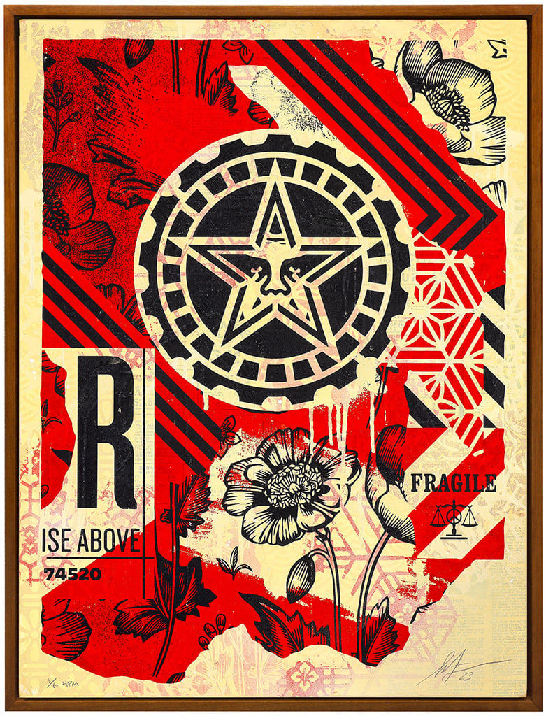 grey scale print with a star in the muddle of a circle with flowers, a scale, text, and geometric patterns around it