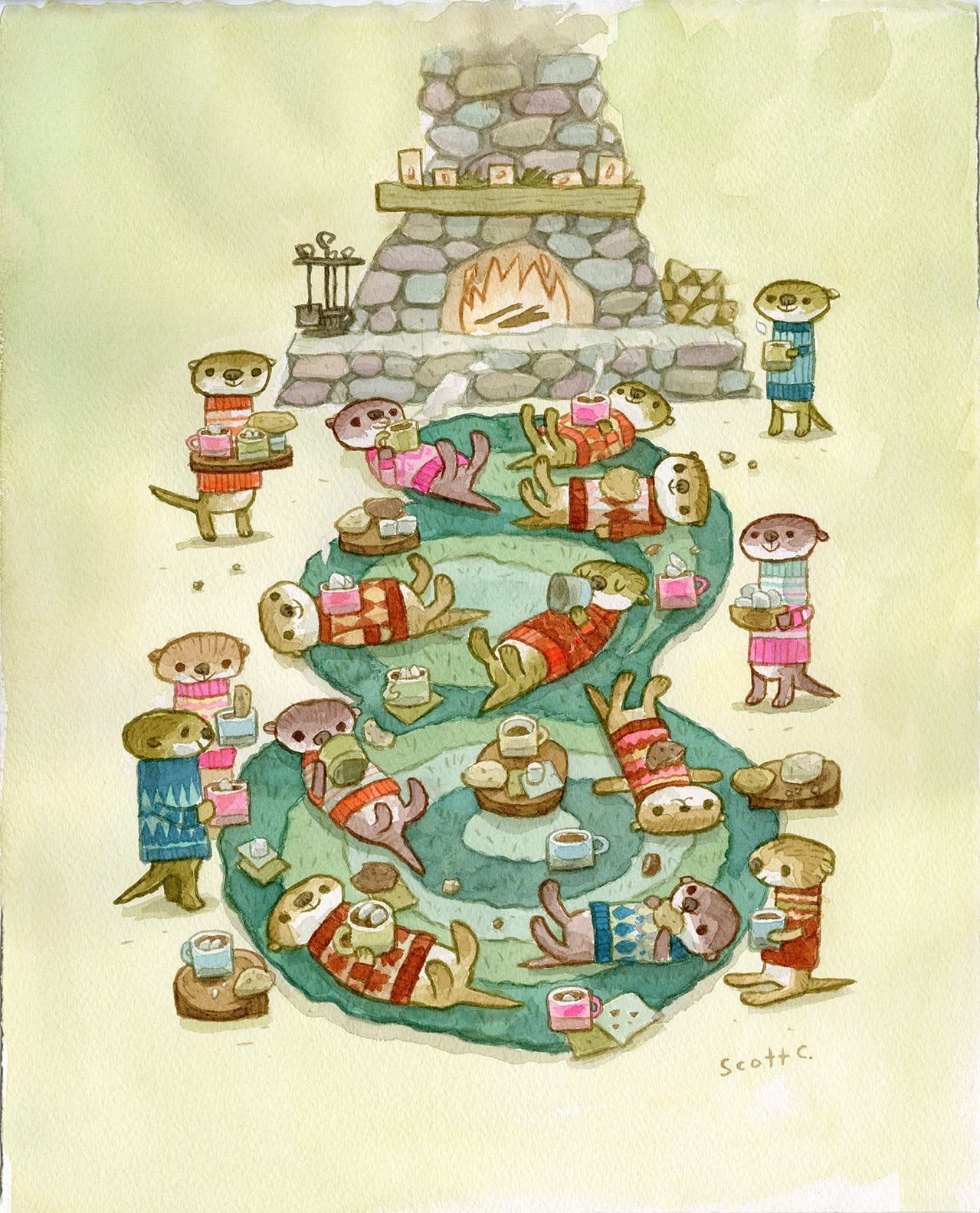 a bunch of otters by a fireplace