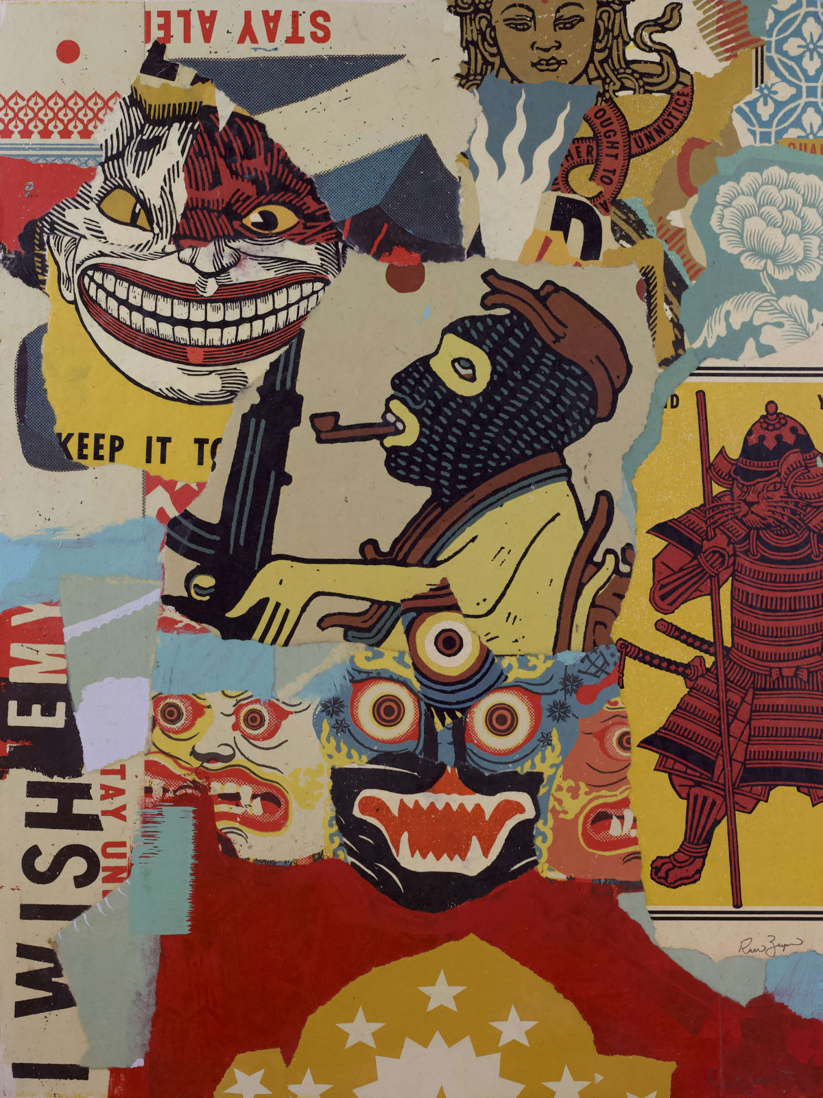 collage of torn up screen prints of religious and historical symbols