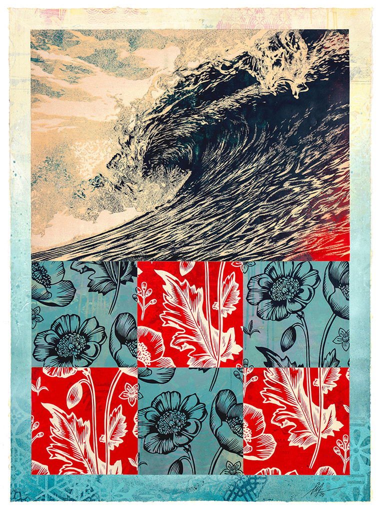 wave drawing on top with checkered floral blue and red squares on the bottom half