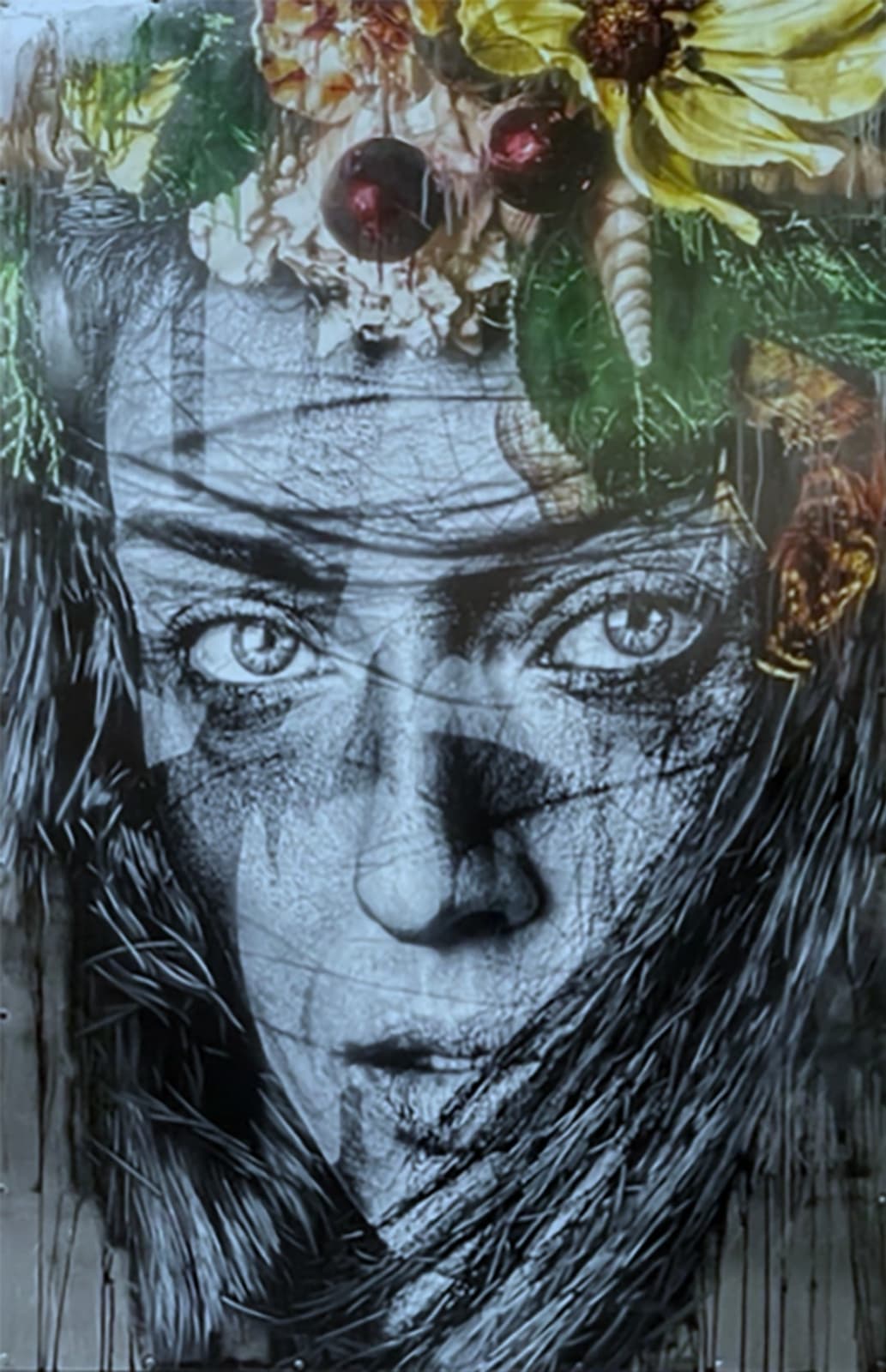 woman's face over a silver background with yellow flowers in her hair