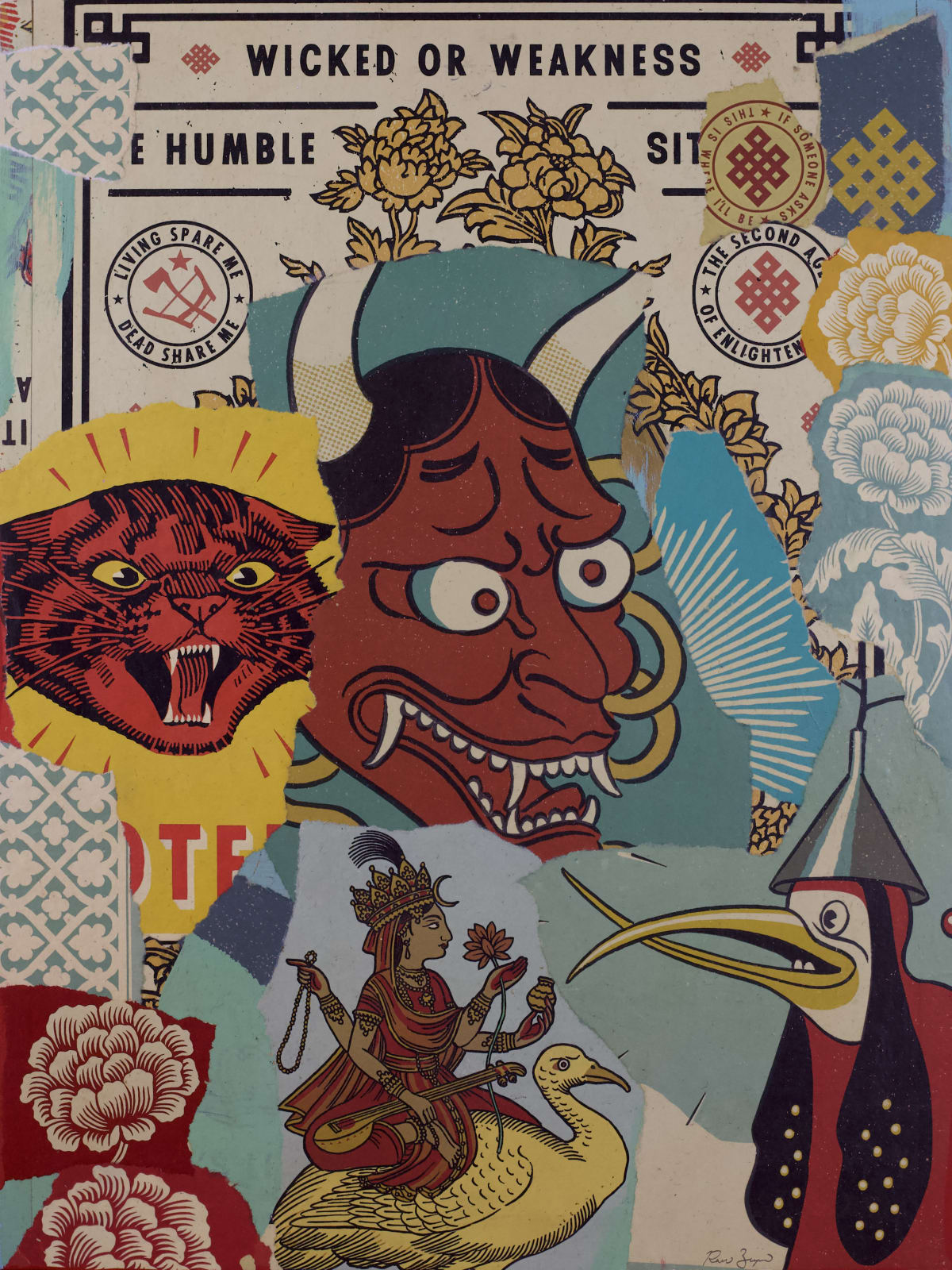 collage of torn up screen prints of religious and historical symbols