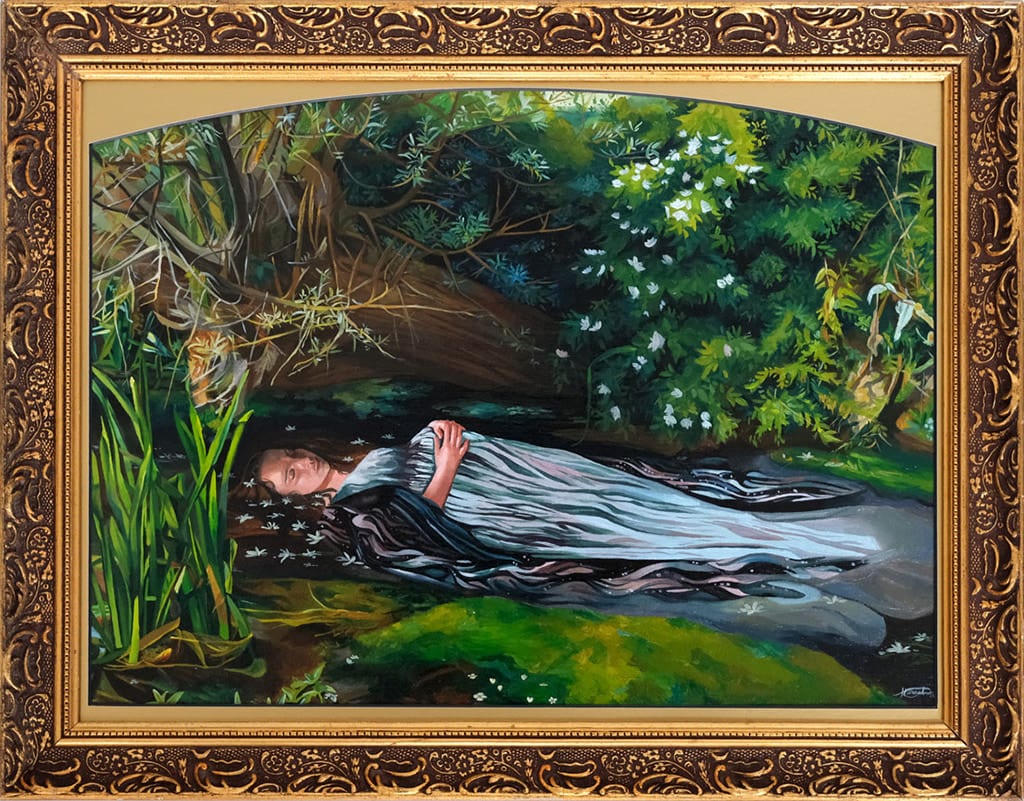 Painting of a girl lying in the water in a forrest