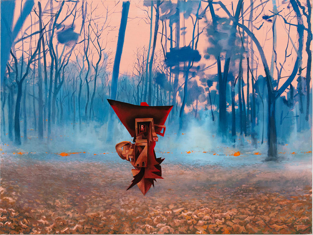 Painting of a misty forest with blue trees and pink sky, floating above a pebbled ground is an abstract brown and red object