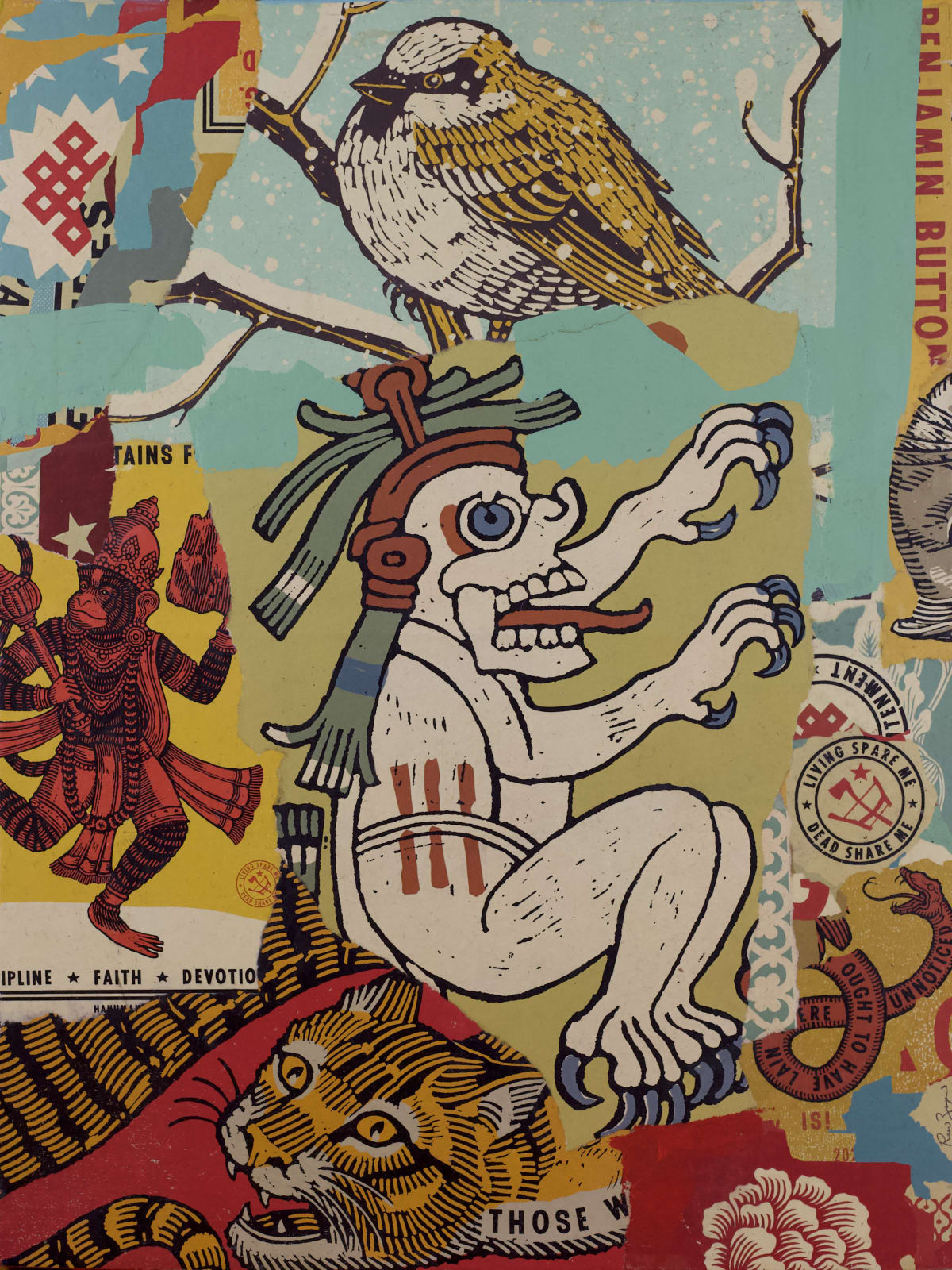 collage of torn up screen prints of religious and historical symbols