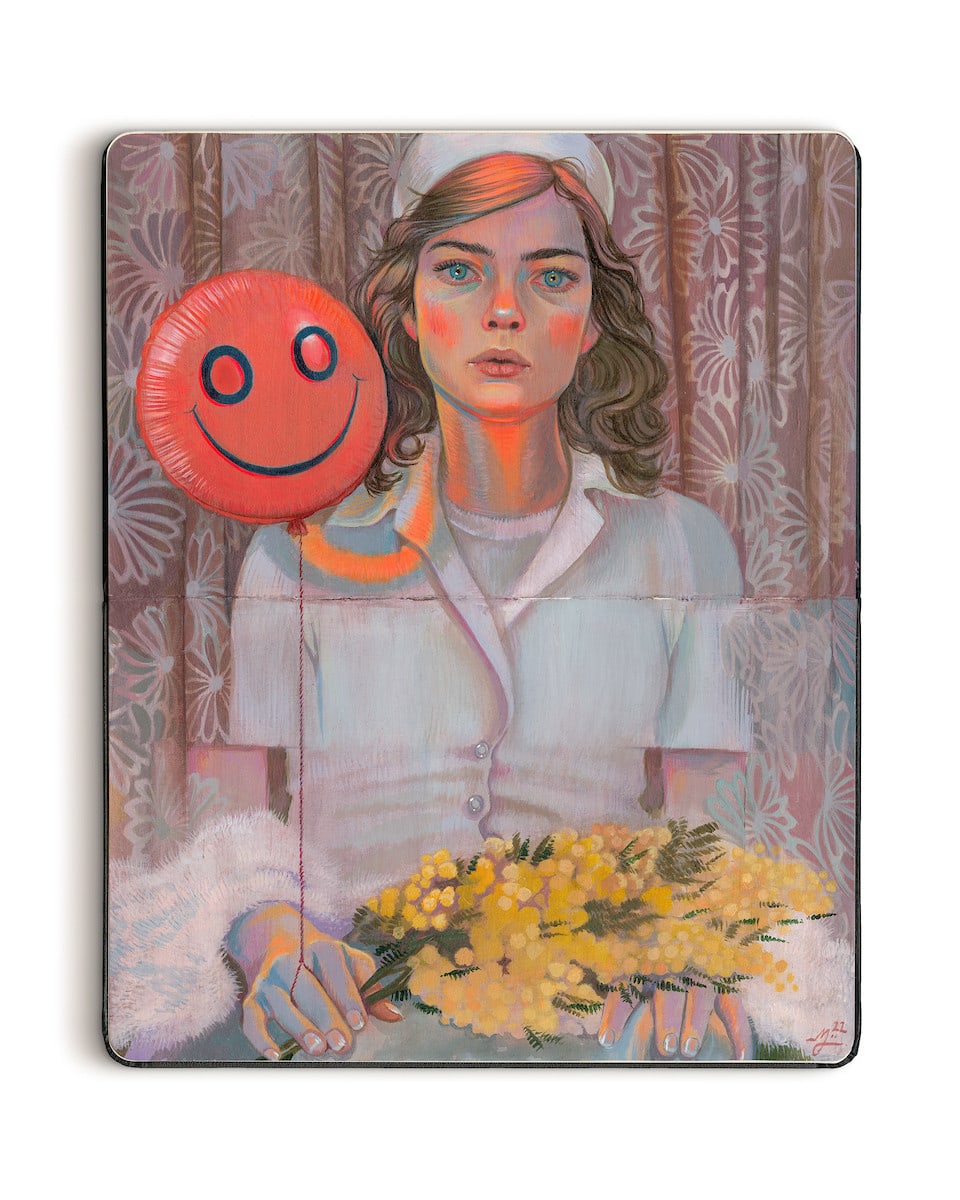 Painting of a nurse with brown hair in a white nurse uniform holding yellow flowers and a red happy face balloon.