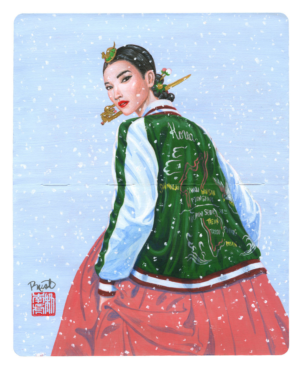 Painting of a woman looking over her shoulder towards the viewer, wearing a full, red skirt, a green and white souvenir jacket and ornaments in her hair.