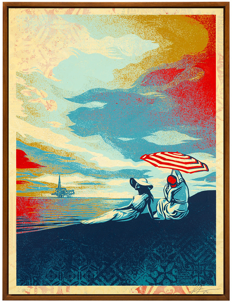 back scene in an all blue palette with red and yellow highlights