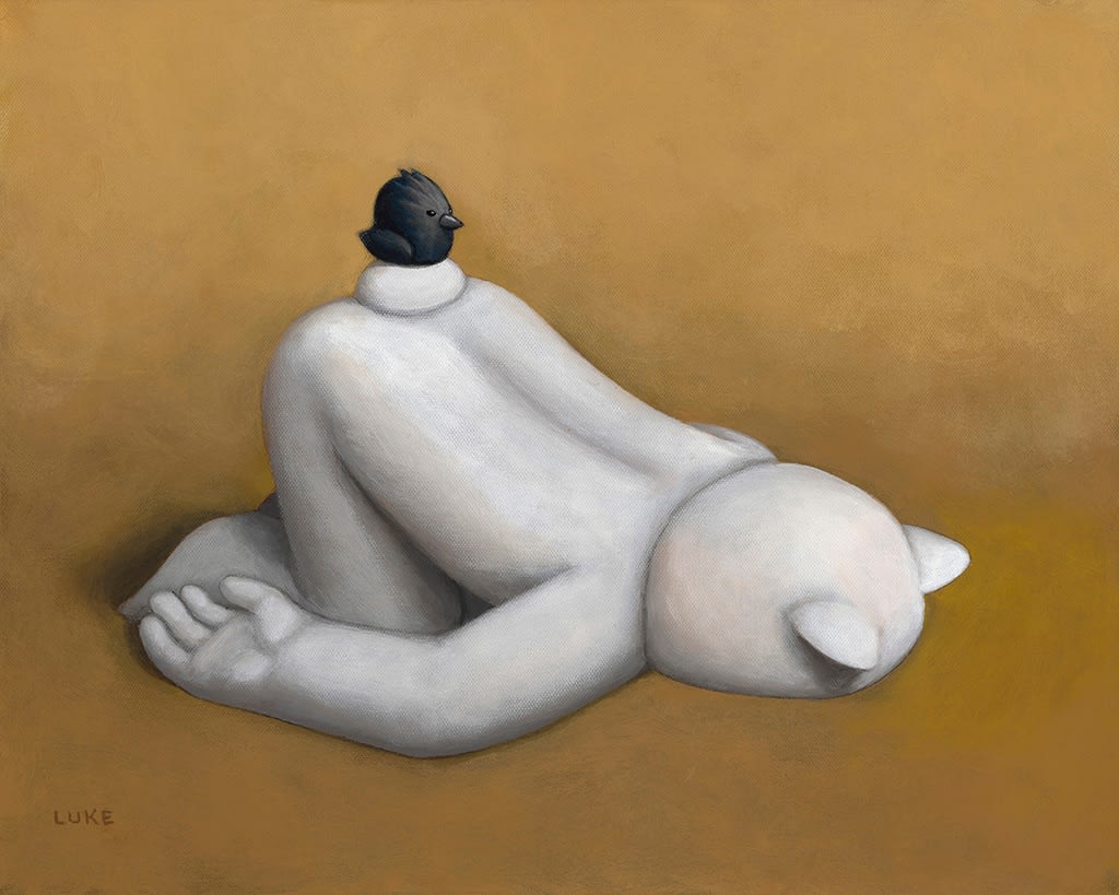 a white bear on its knees, face down with black bird sitting on its back