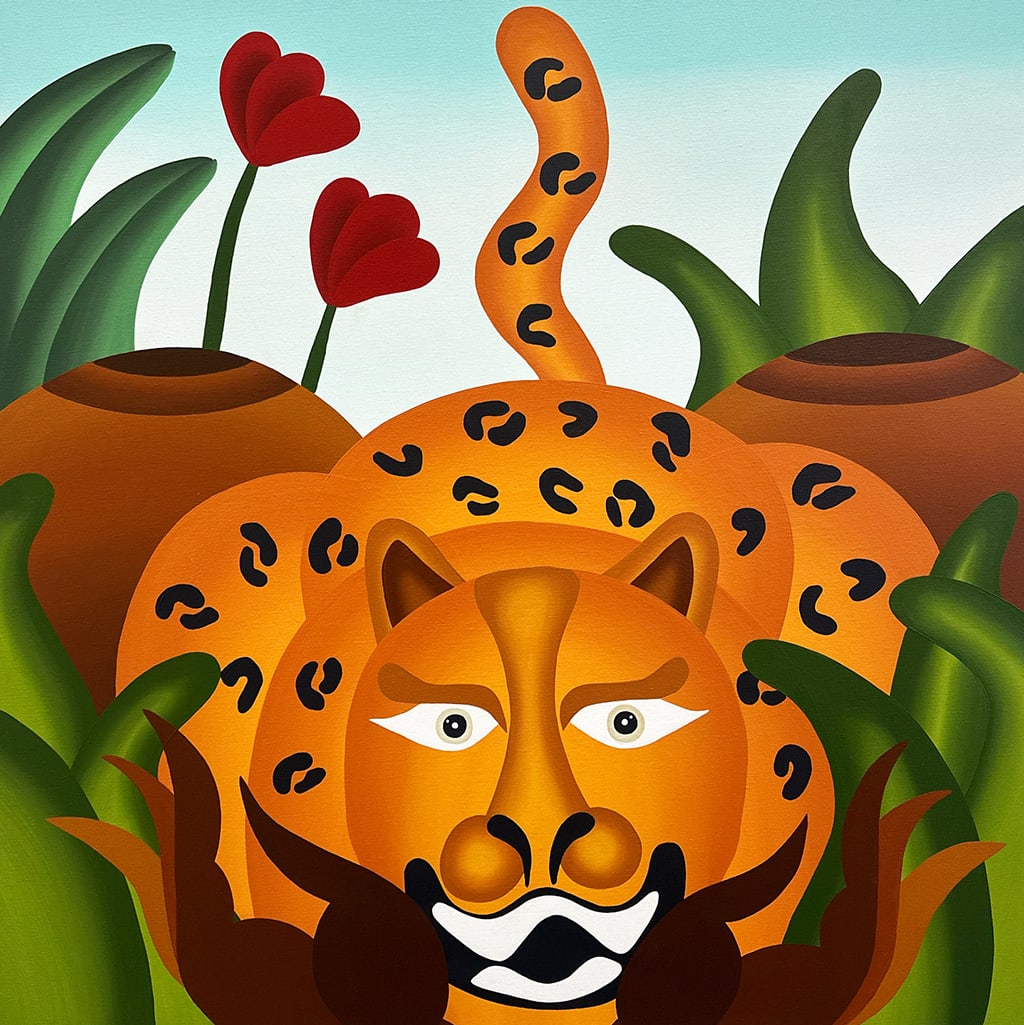 Painting of a leopard surrounded by greenery and two red flowers on a blue background