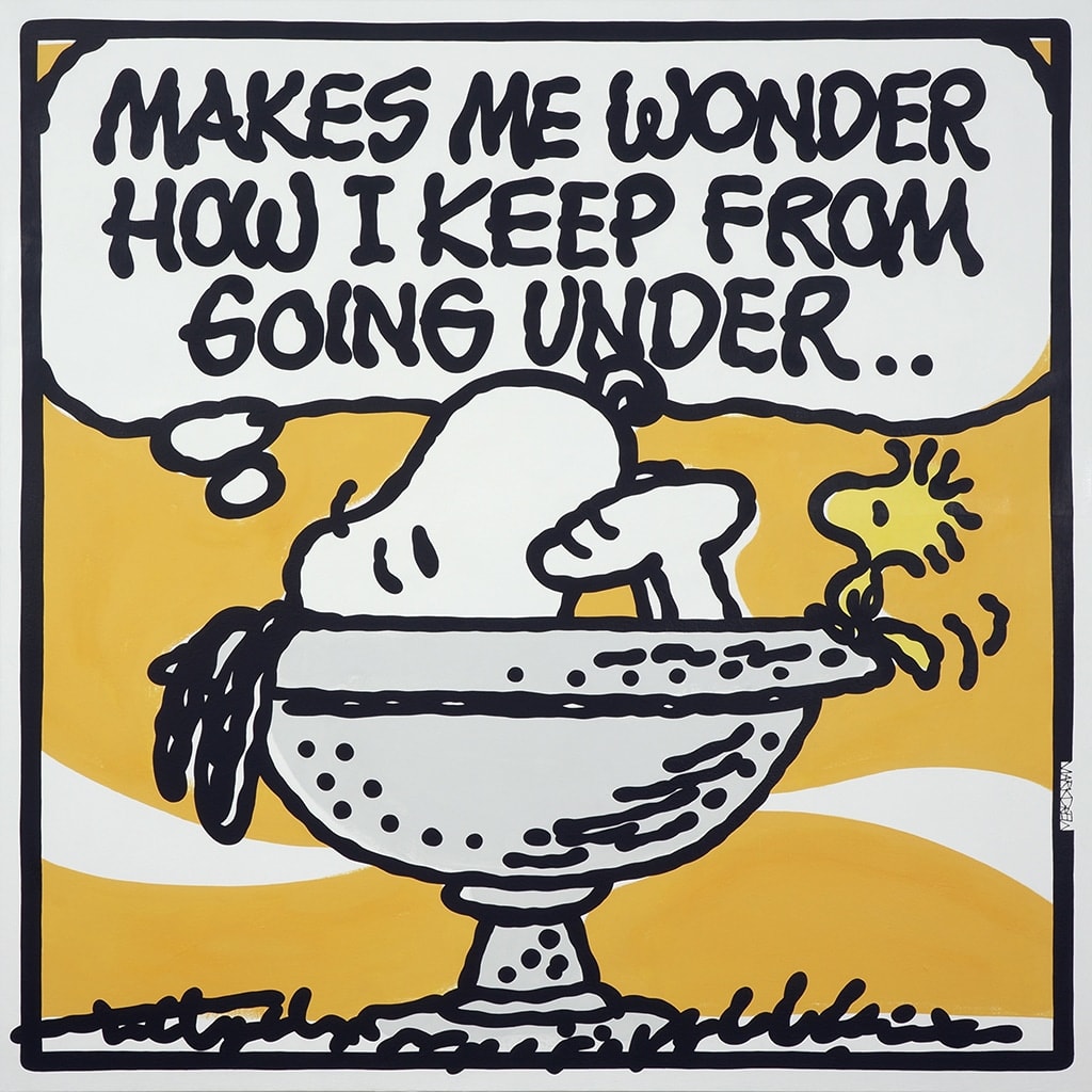 image of woodstock and snoopy from the peanuts cartoon sitting in a birdbath over an orange background with a speech showing rap lyrics