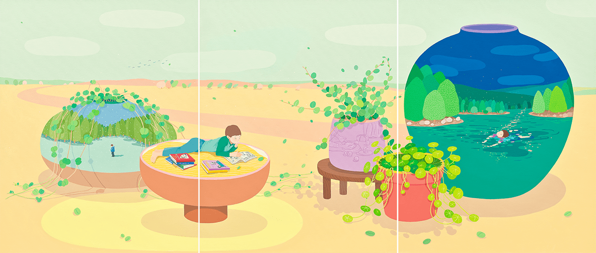Danym Kwon - A 3 panels painting of vases, plants, and a bowl with back ground of low saturated green sky and yellow landscape. From left to right, a vase with greens and painted scenery of a person in snowy forest on it; a person laying on a bowl of noodle reading; two potted plants; an empty vase with painted scenery of a person swimming in a lake surrounded by forest.