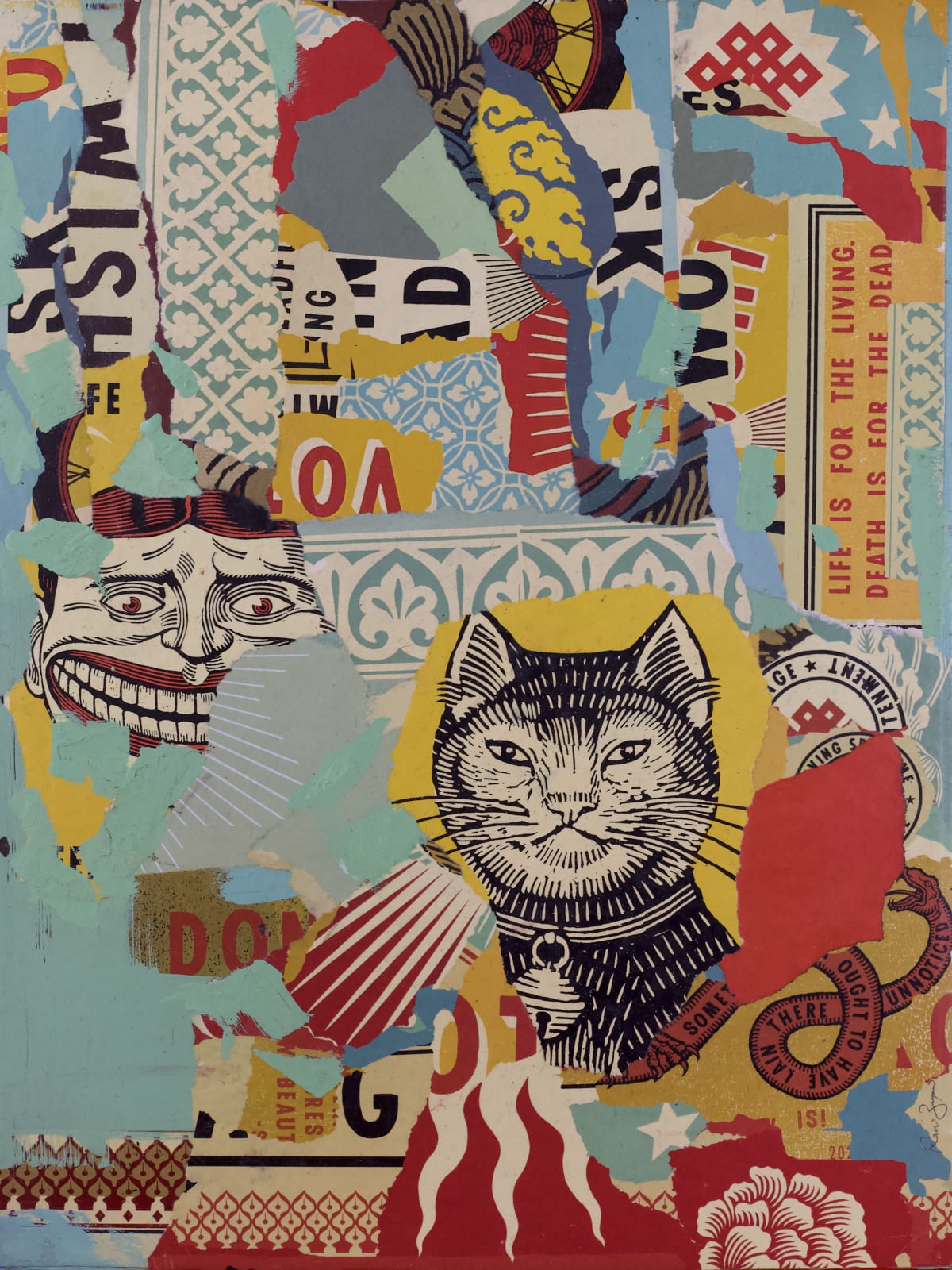collage of torn up screen prints of religious and historical symbols