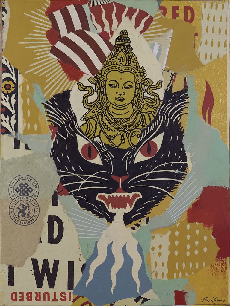 collage of torn up screen prints of religious and historical symbols