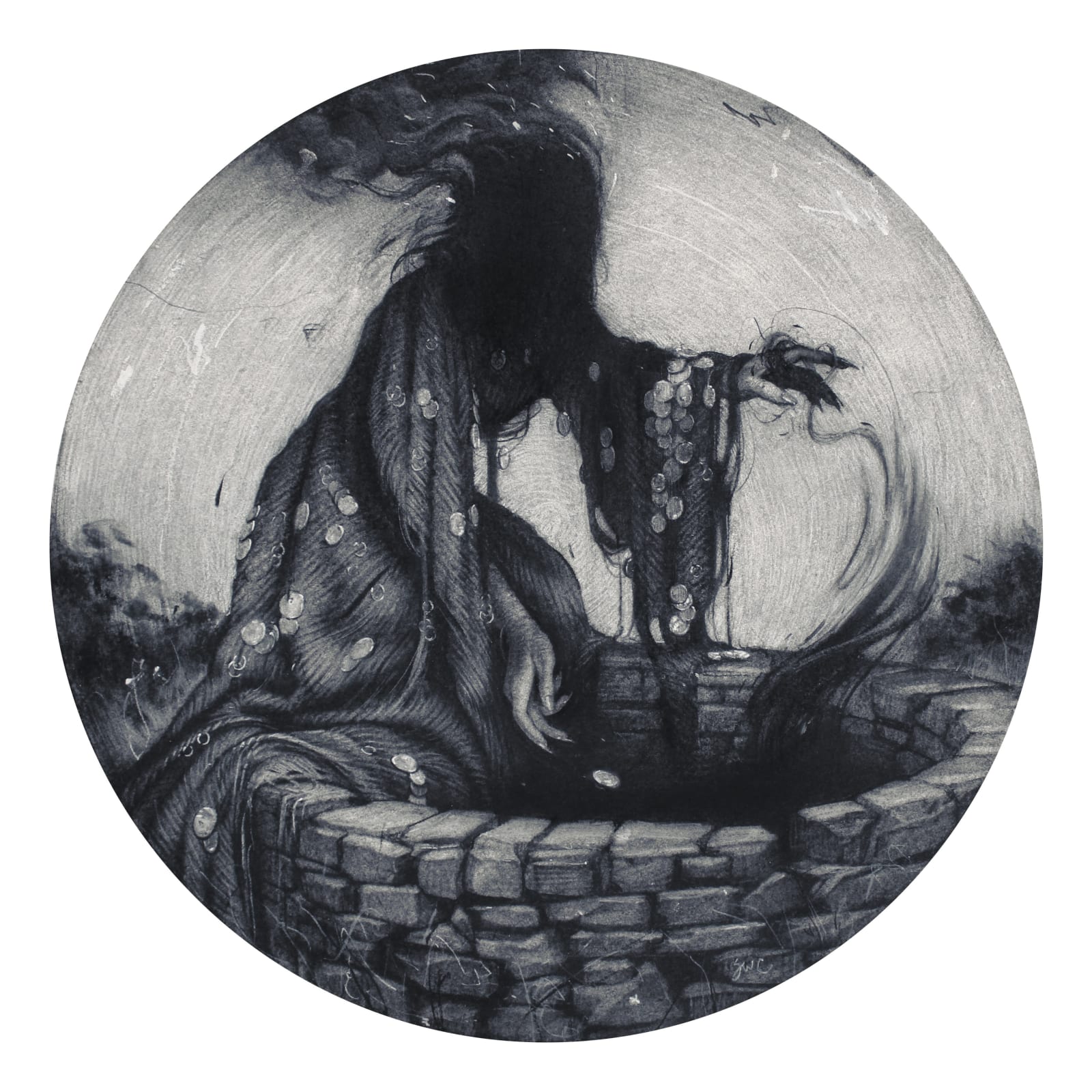 drawing of a cloaked figure entering a well by Sam Wolfe Connelly