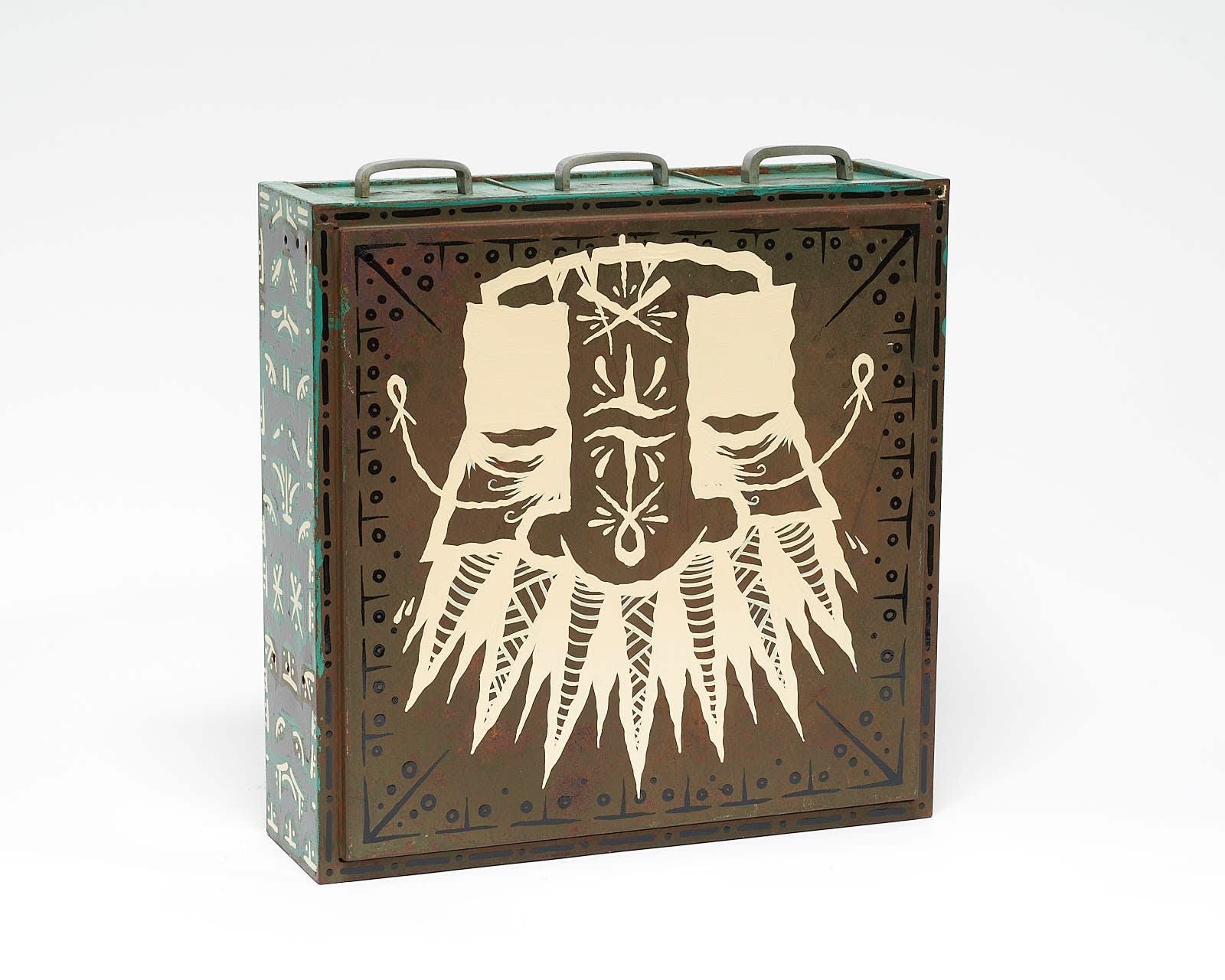 vintage filing cabinet adorned with designs of a geometric figured