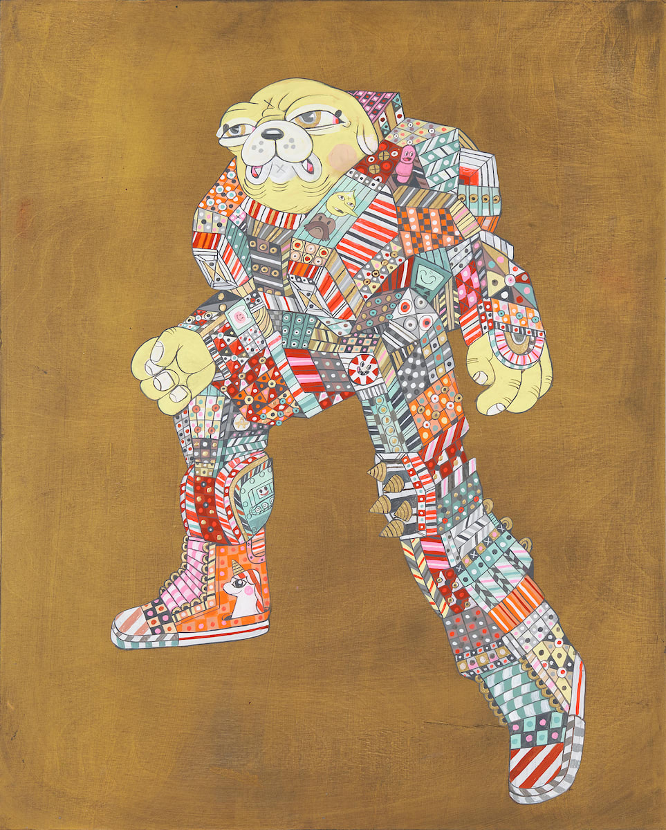 Ferris Plock painting of cartoon figure in multicolored and patterend costume against gold background