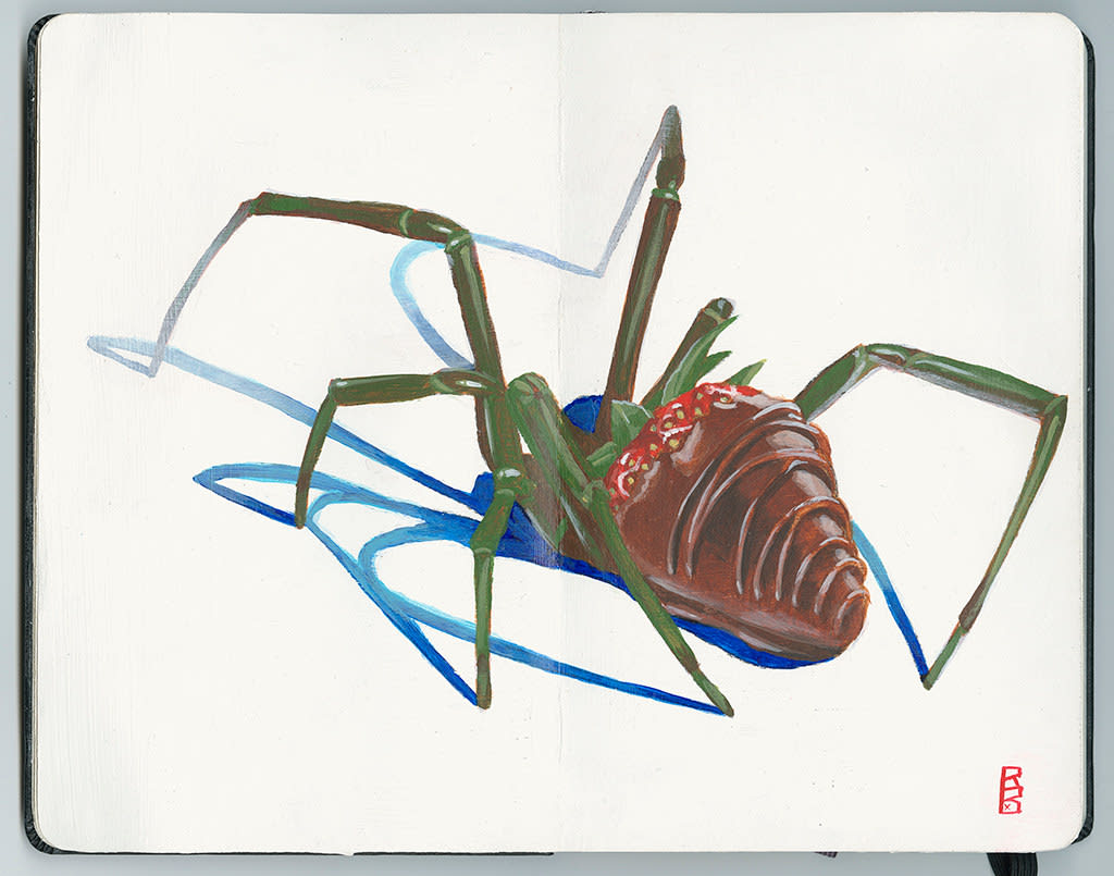 Painting of a spider thats body is a chocolate cover strawberry on a white background