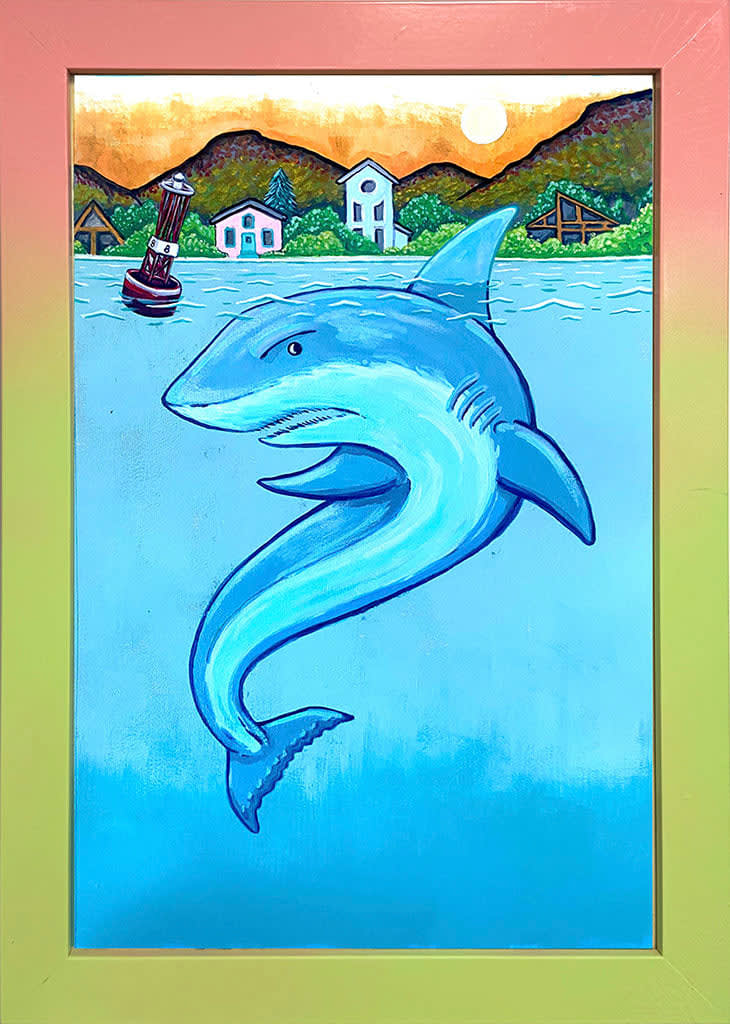 painting of a shark underneath the water