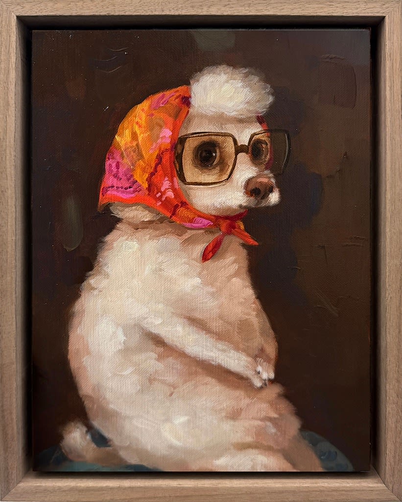 A painting of a seated white dog wearing a pink and yellow headscarf and brown square glasses.