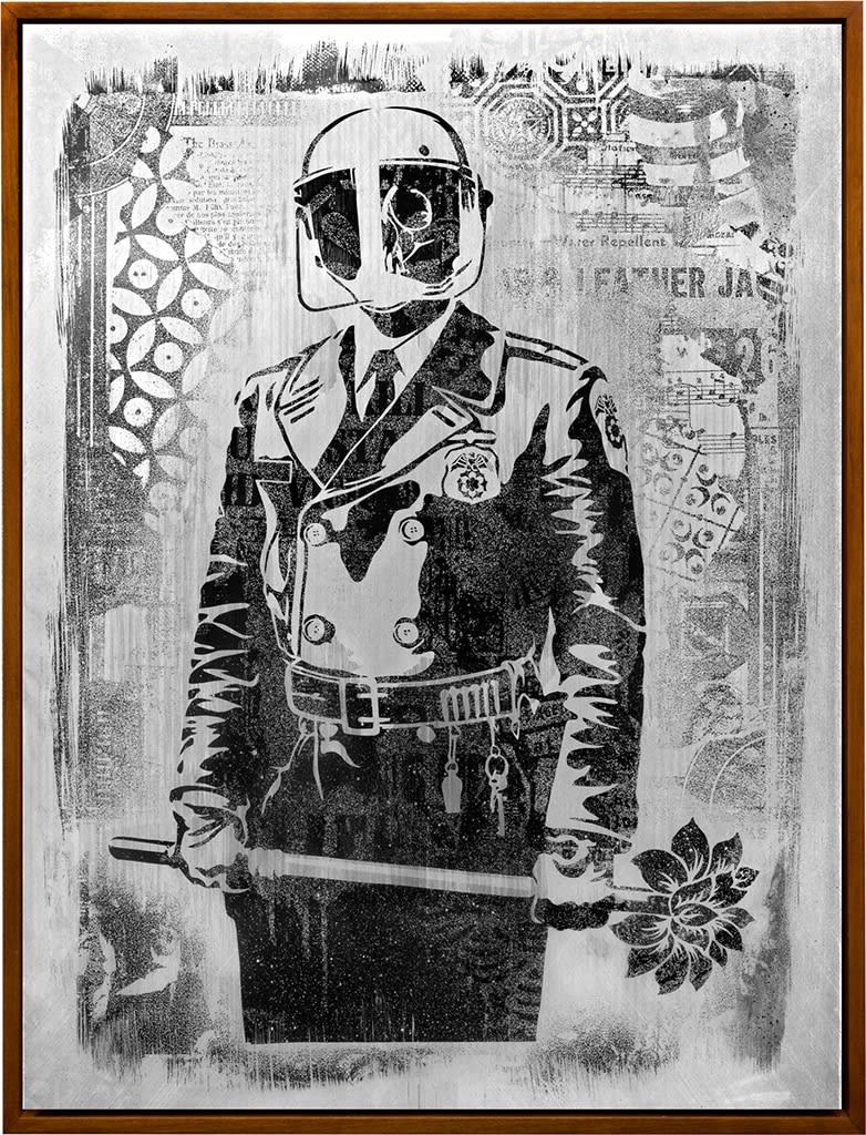 black and white image of a man holding a bar with a lotus flower on one end and a mask on