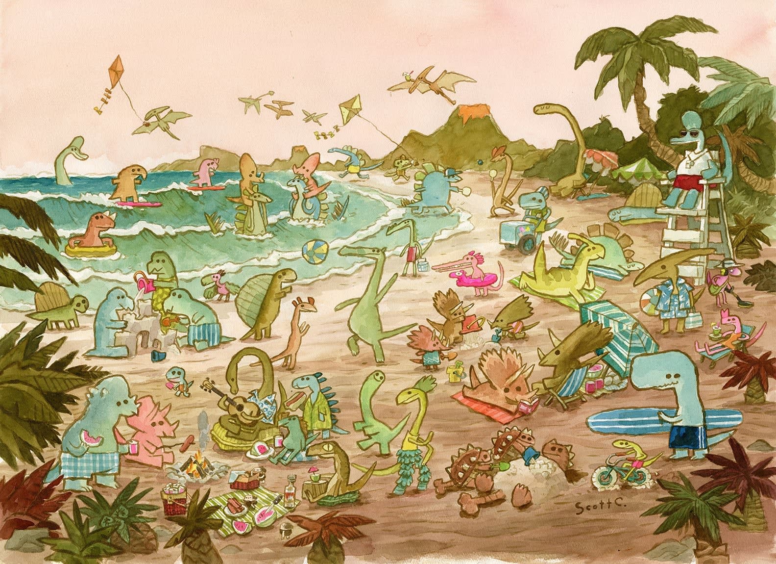 a bunch of different dinosaurs on a beach